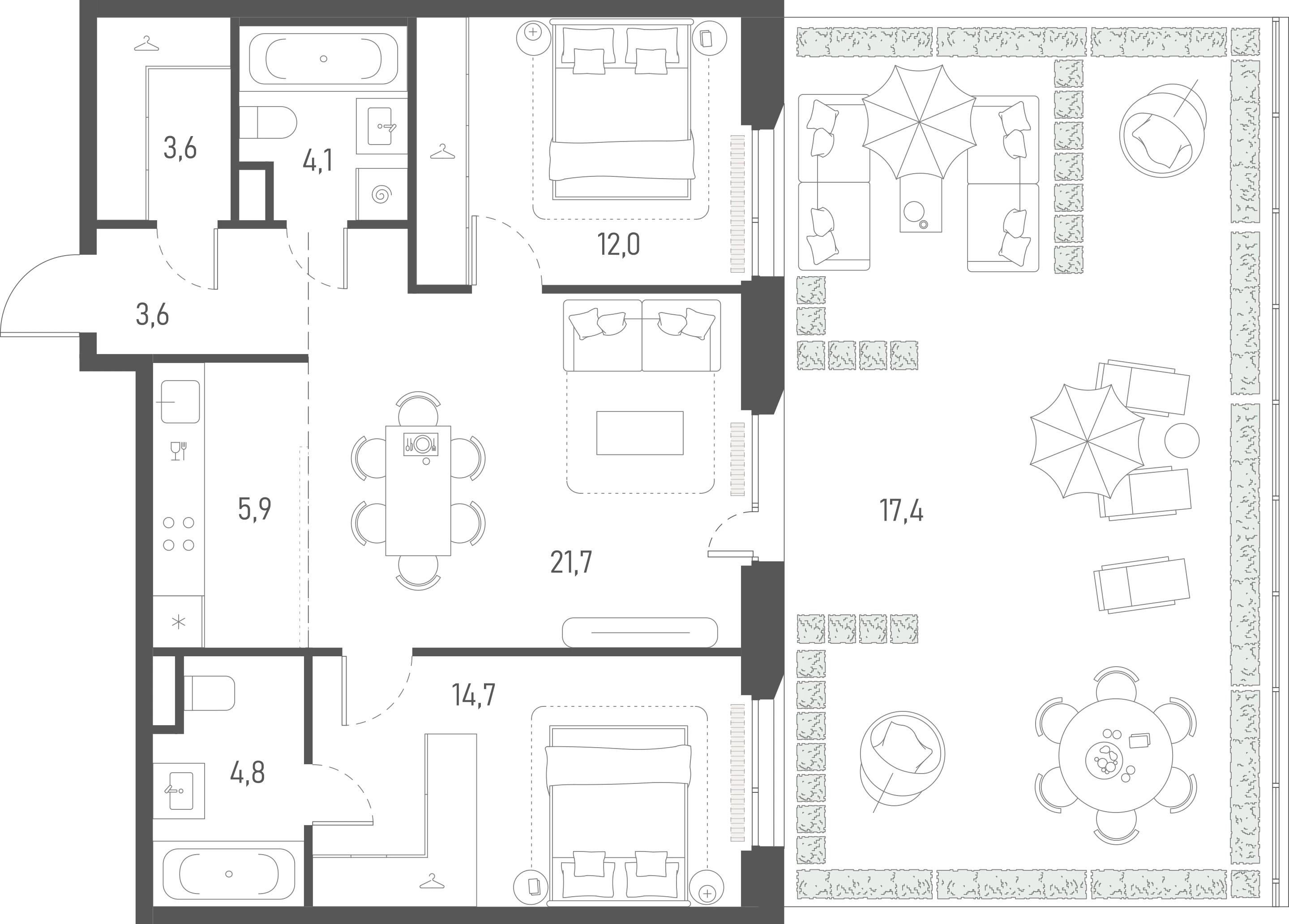 Планировка: 2-комнатная, 87,8 м²