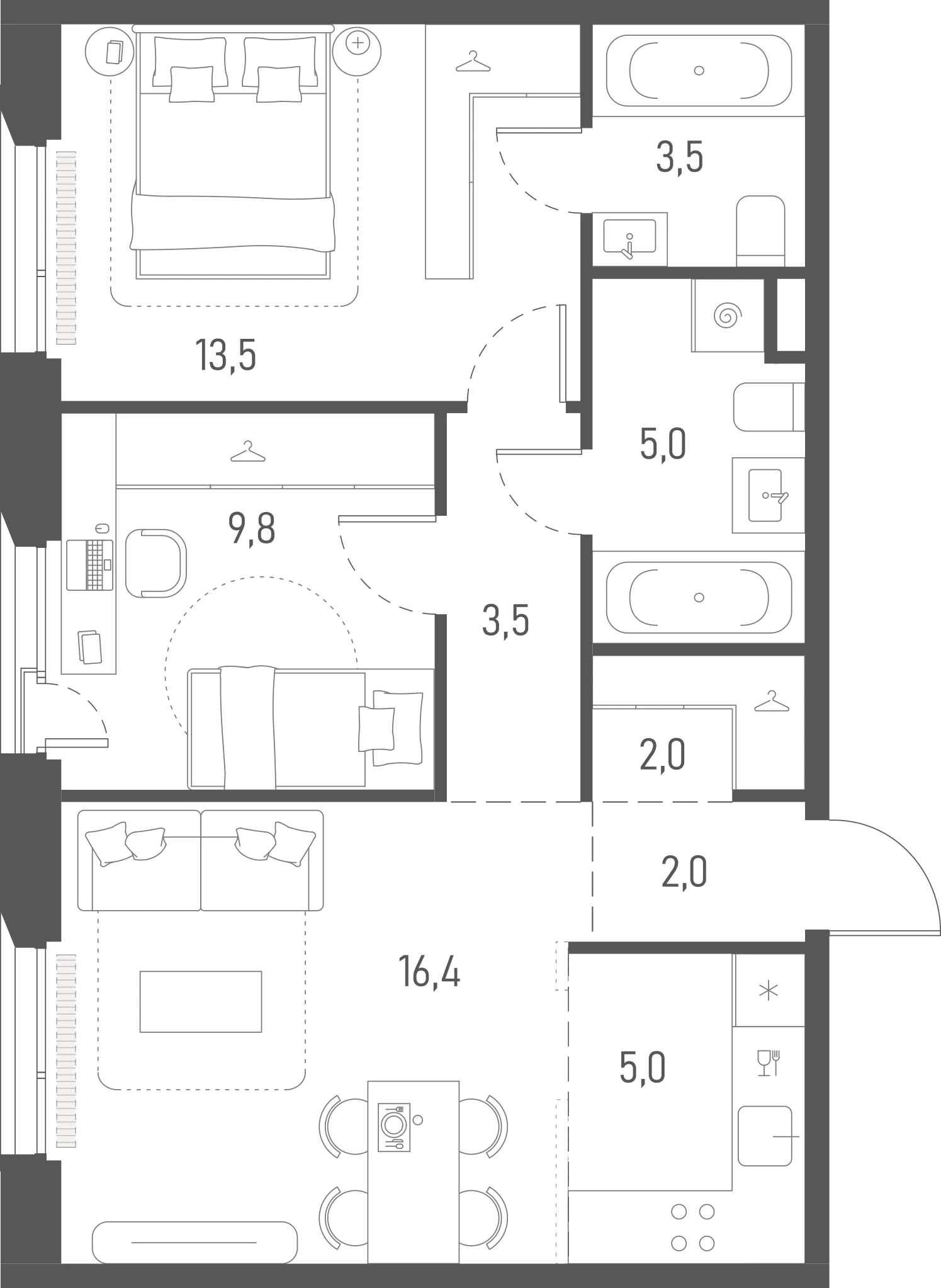 Планировка: 2-комнатная, 60,7 м²