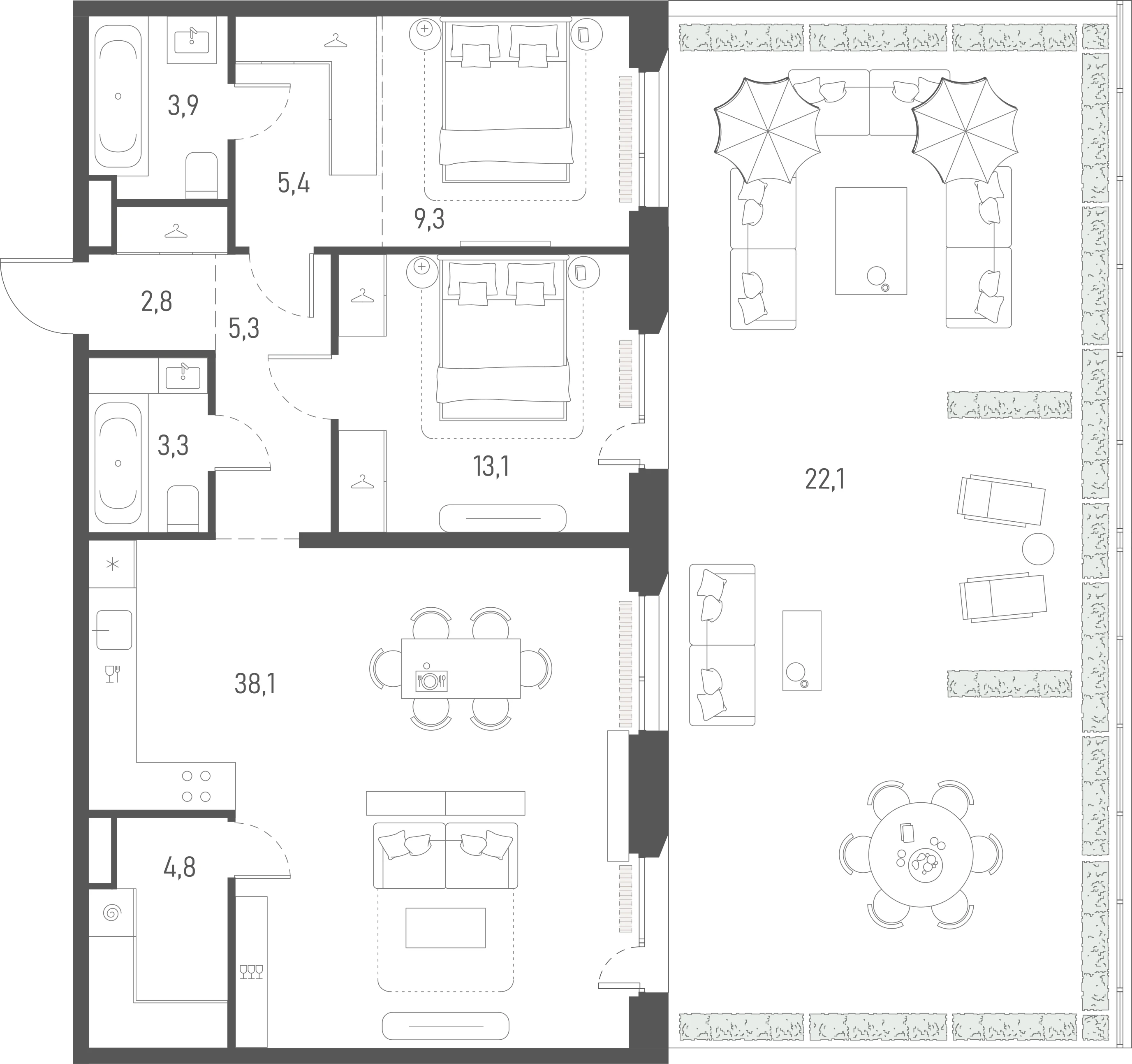 Планировка: 2-комнатная, 108,1 м²