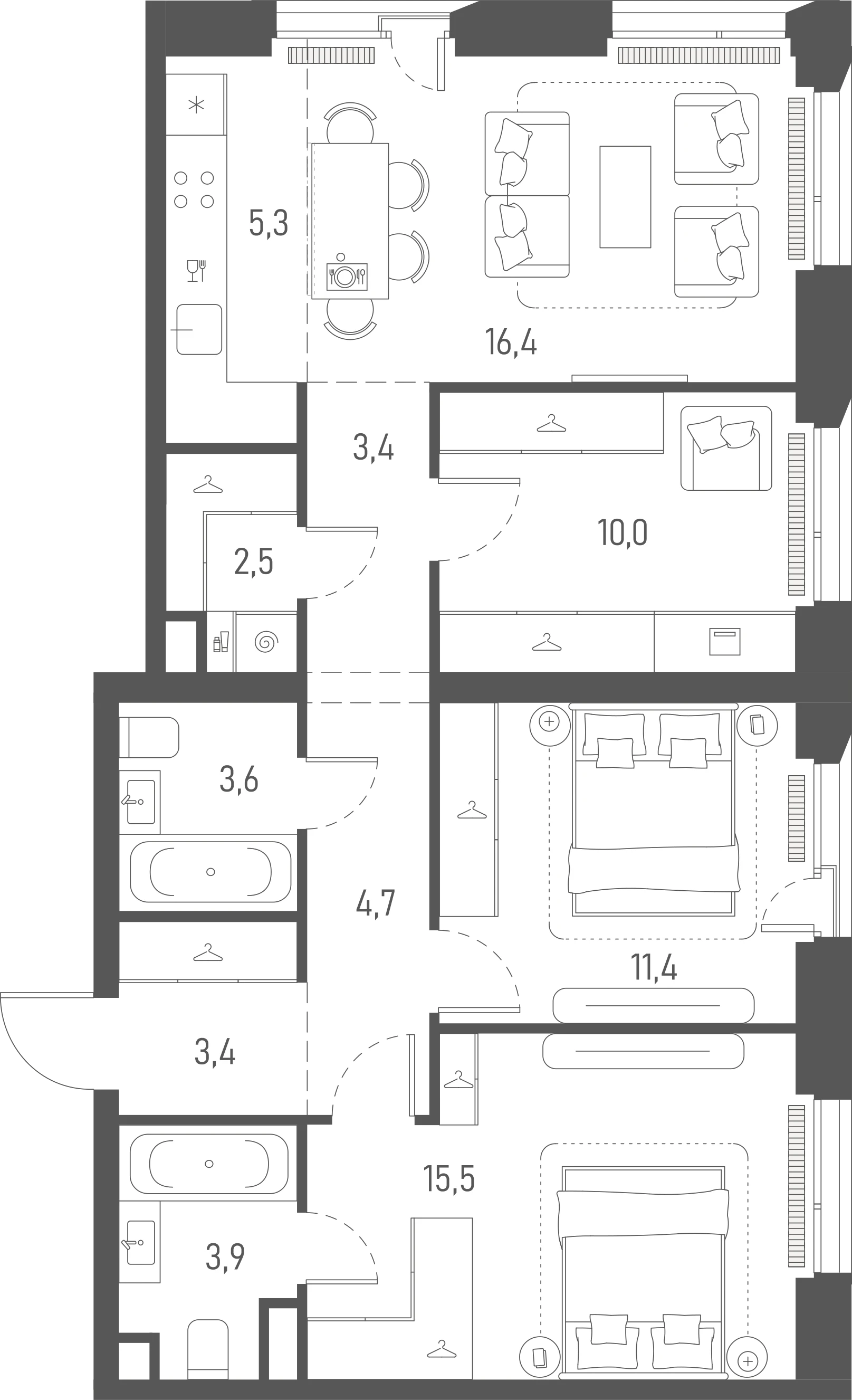 Планировка: 2-комнатная, 80,1 м²