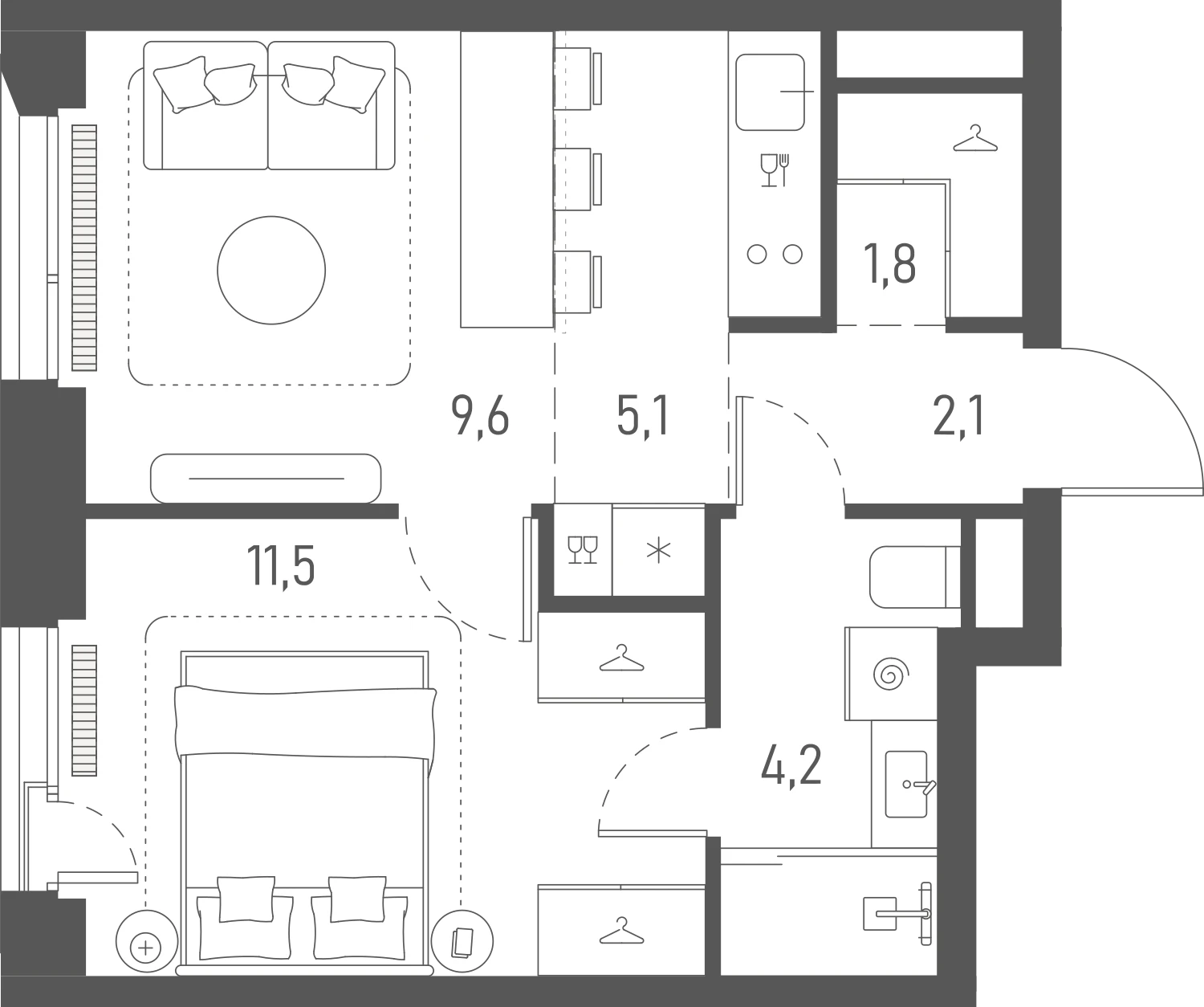 Планировка: 1-комнатная, 34,3 м²