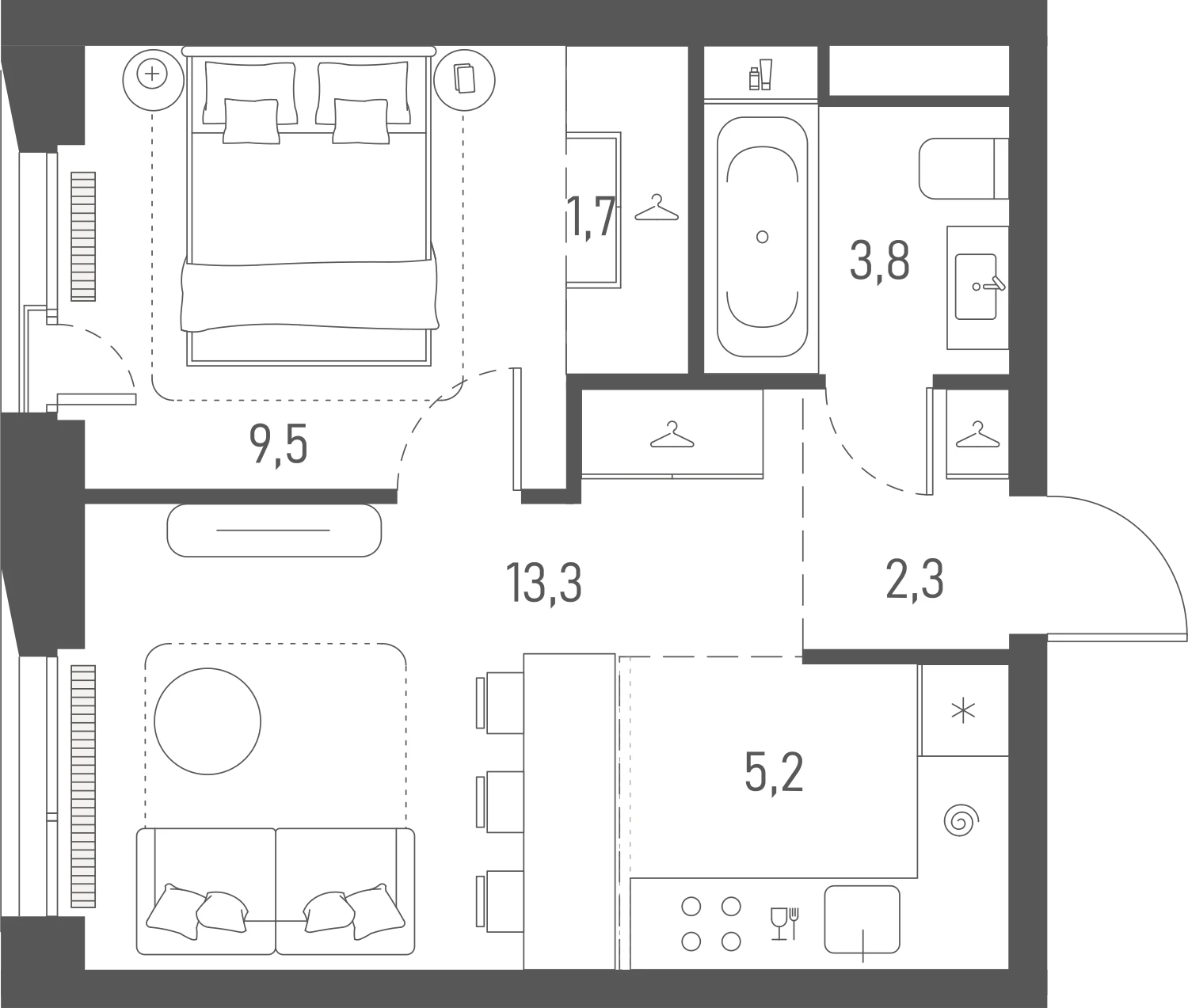 Планировка: 1-комнатная, 35,8 м²