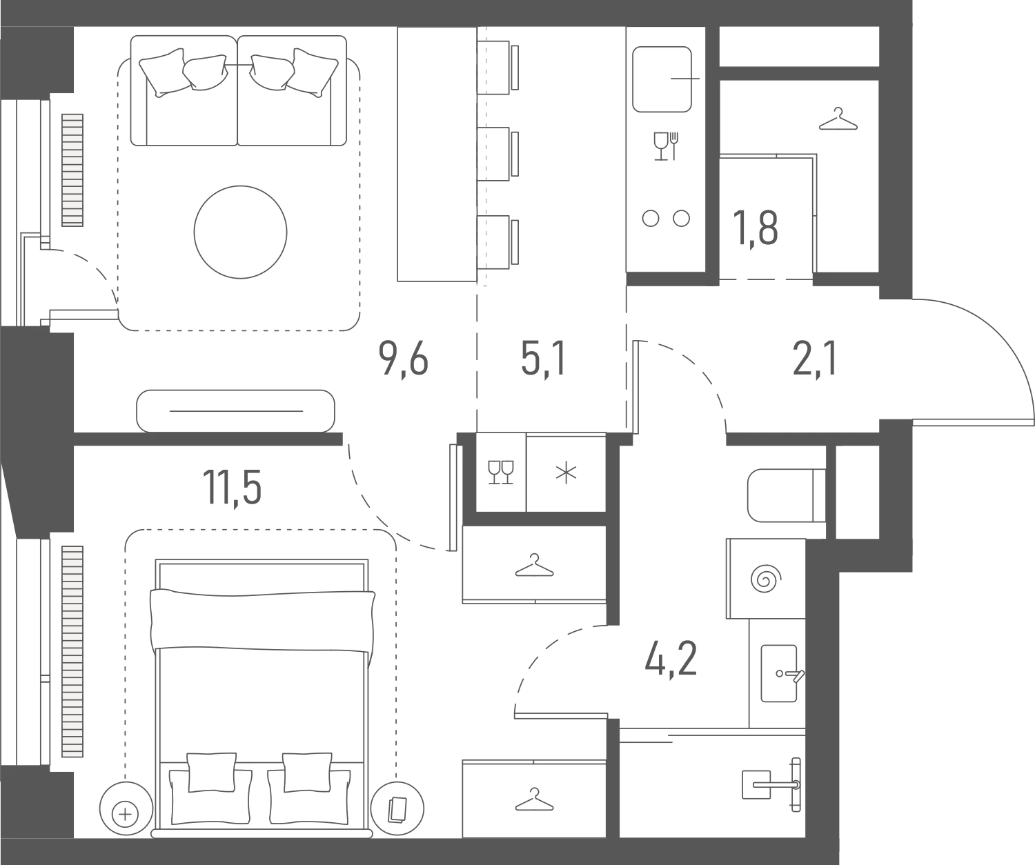 Планировка: 1-комнатная, 34,3 м²