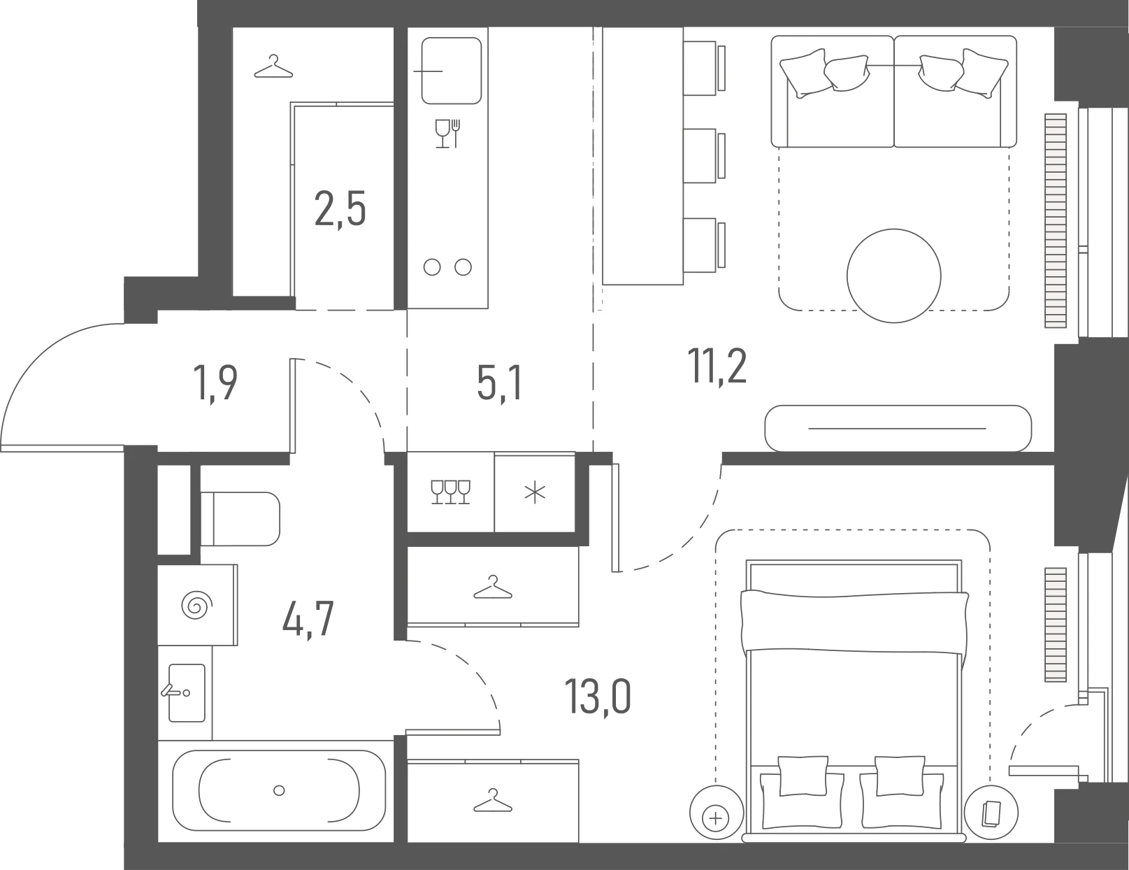 Планировка: 1-комнатная, 38,4 м²