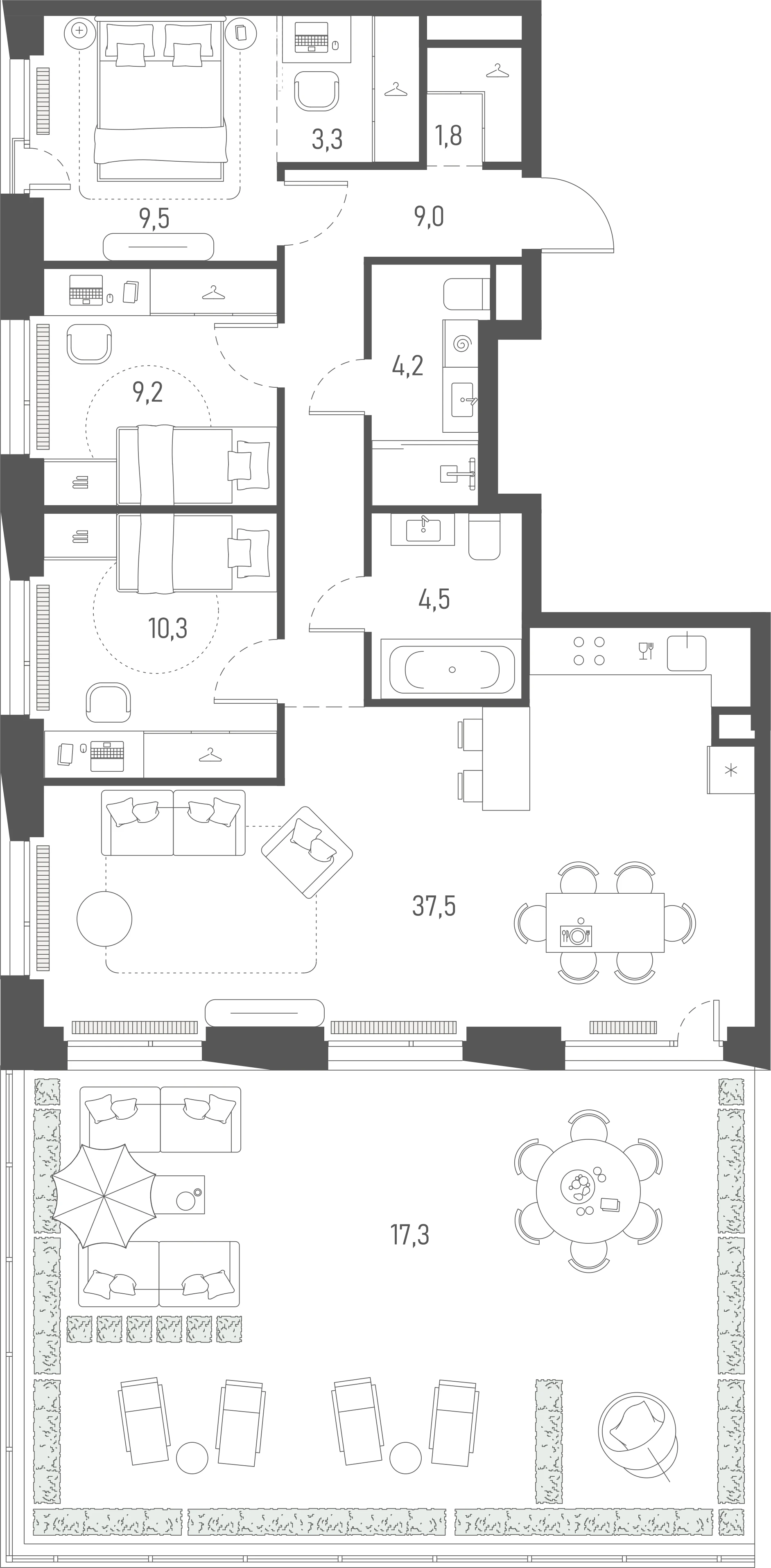 Планировка: 3-комнатная, 106,6 м²