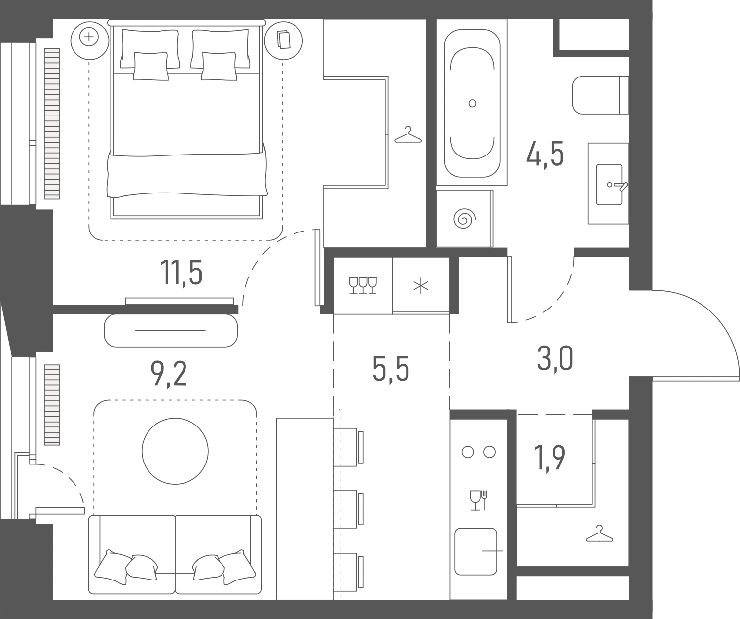 Планировка: 1-комнатная, 35,6 м²