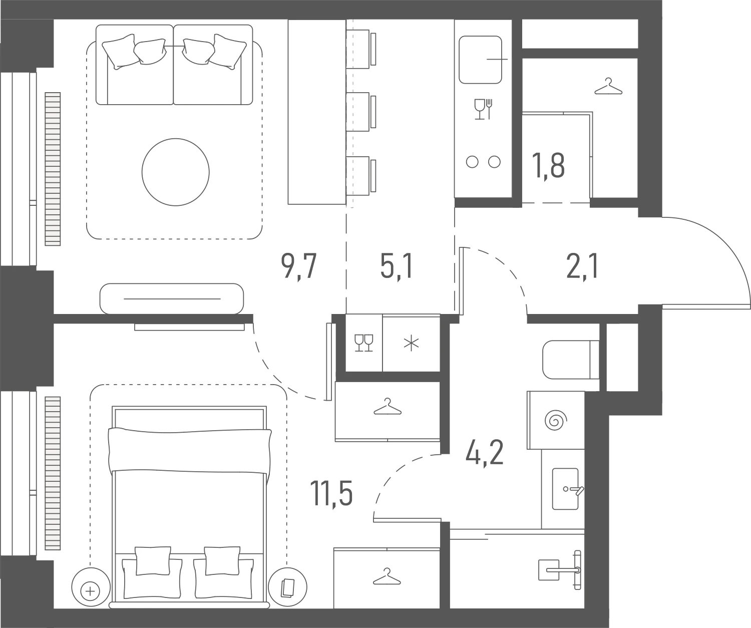 Планировка: 1-комнатная, 34,4 м²