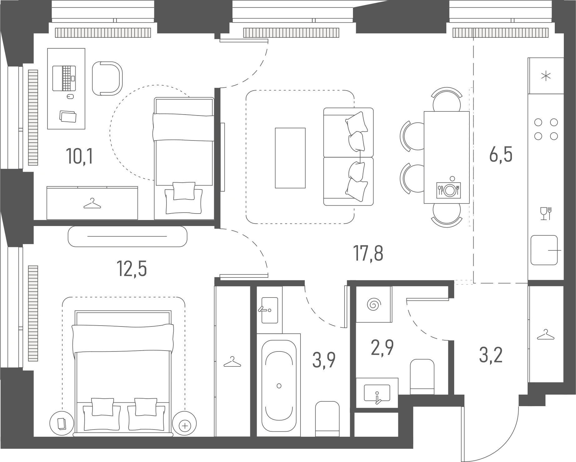Планировка: 2-комнатная, 56,9 м²