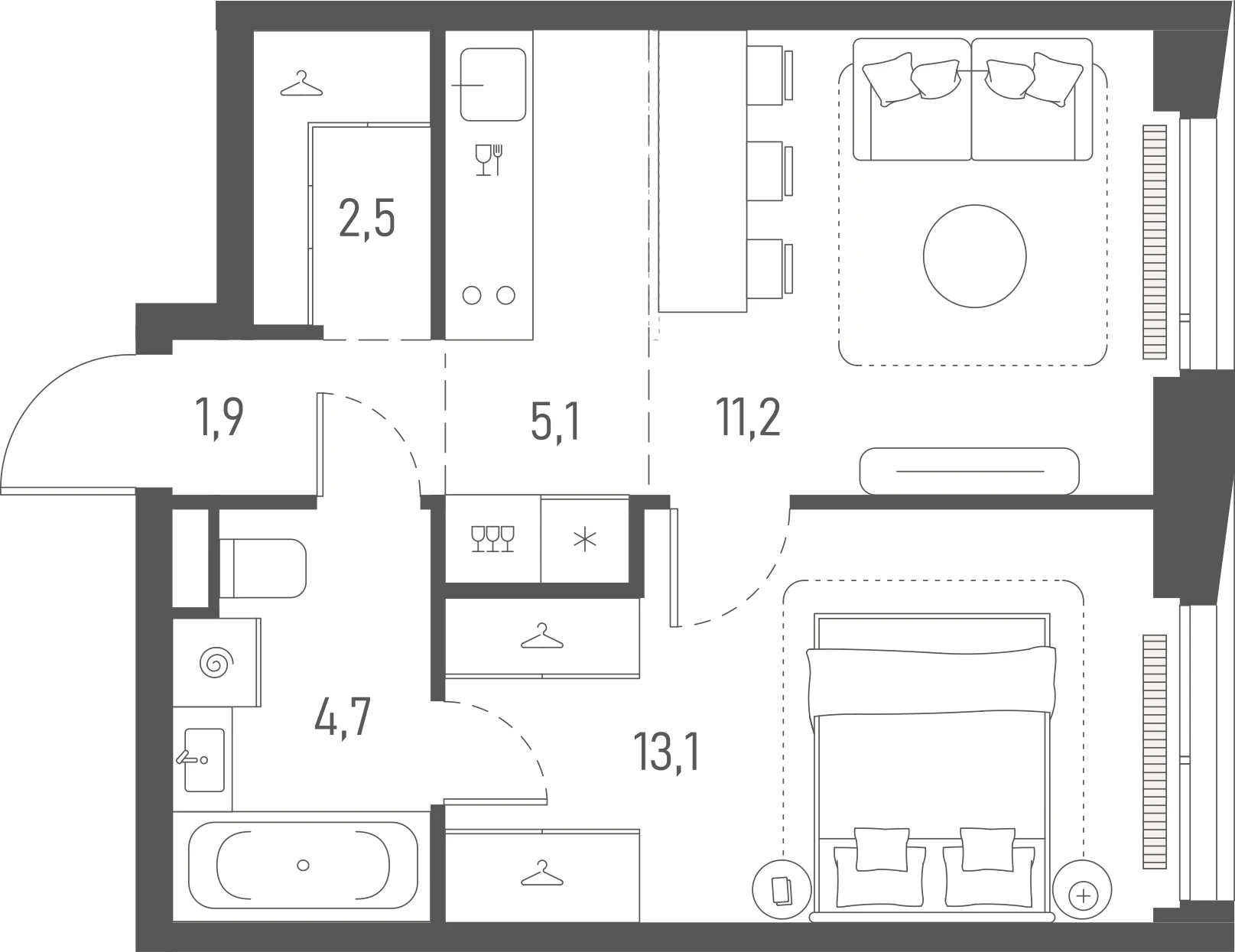 Планировка: 1-комнатная, 38,5 м²