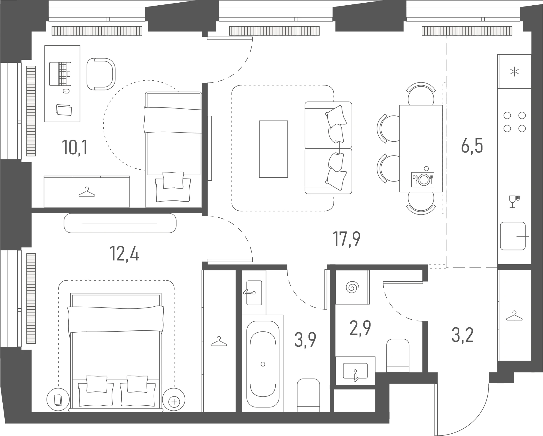 Планировка: 2-комнатная, 56,9 м²