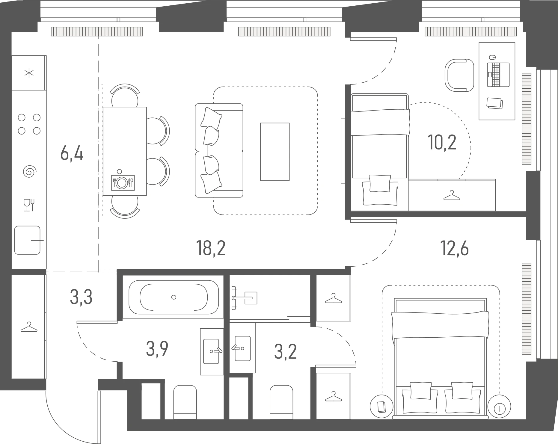 Планировка: 2-комнатная, 57,8 м²