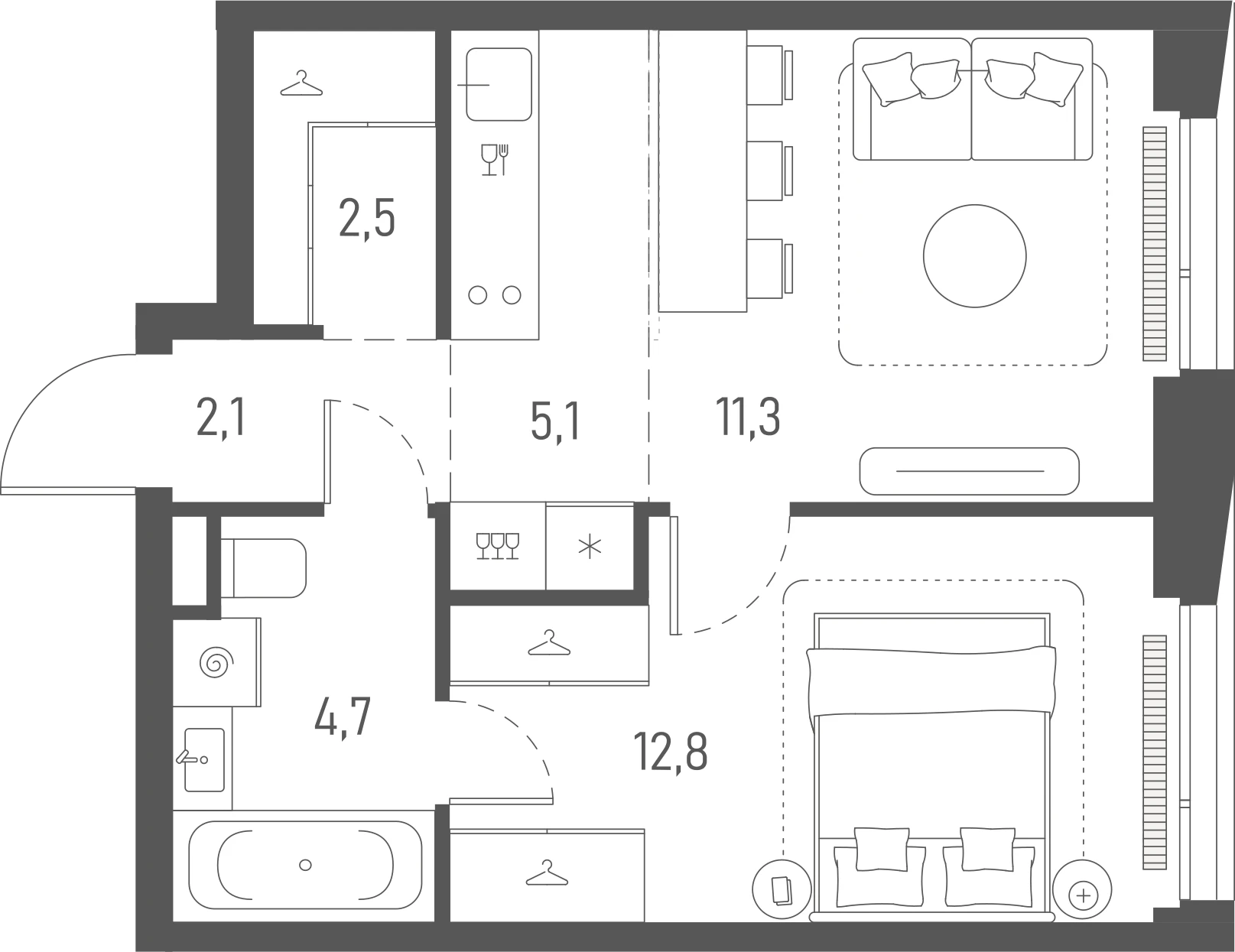 Планировка: 1-комнатная, 38,5 м²