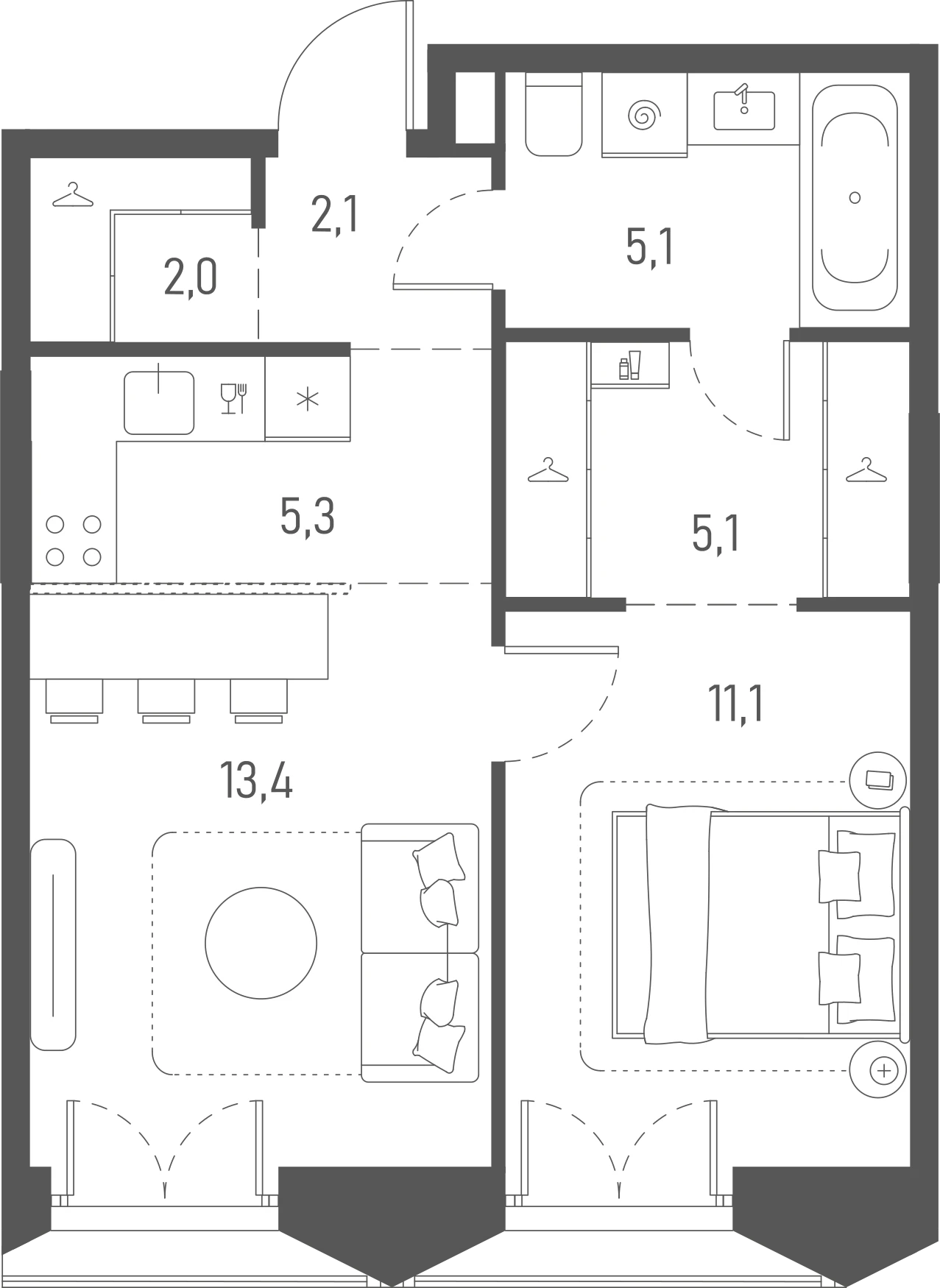 Планировка: 1-комнатная, 44,1 м²