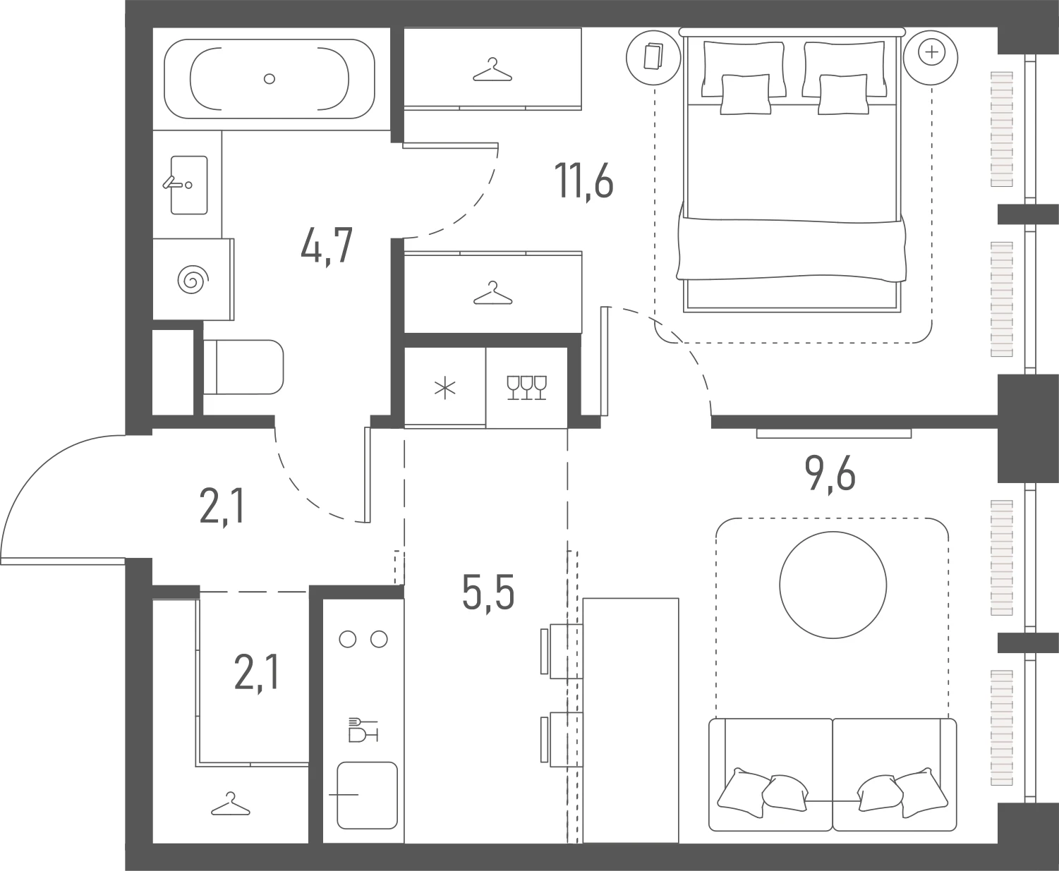 Планировка: 1-комнатная, 35,6 м²