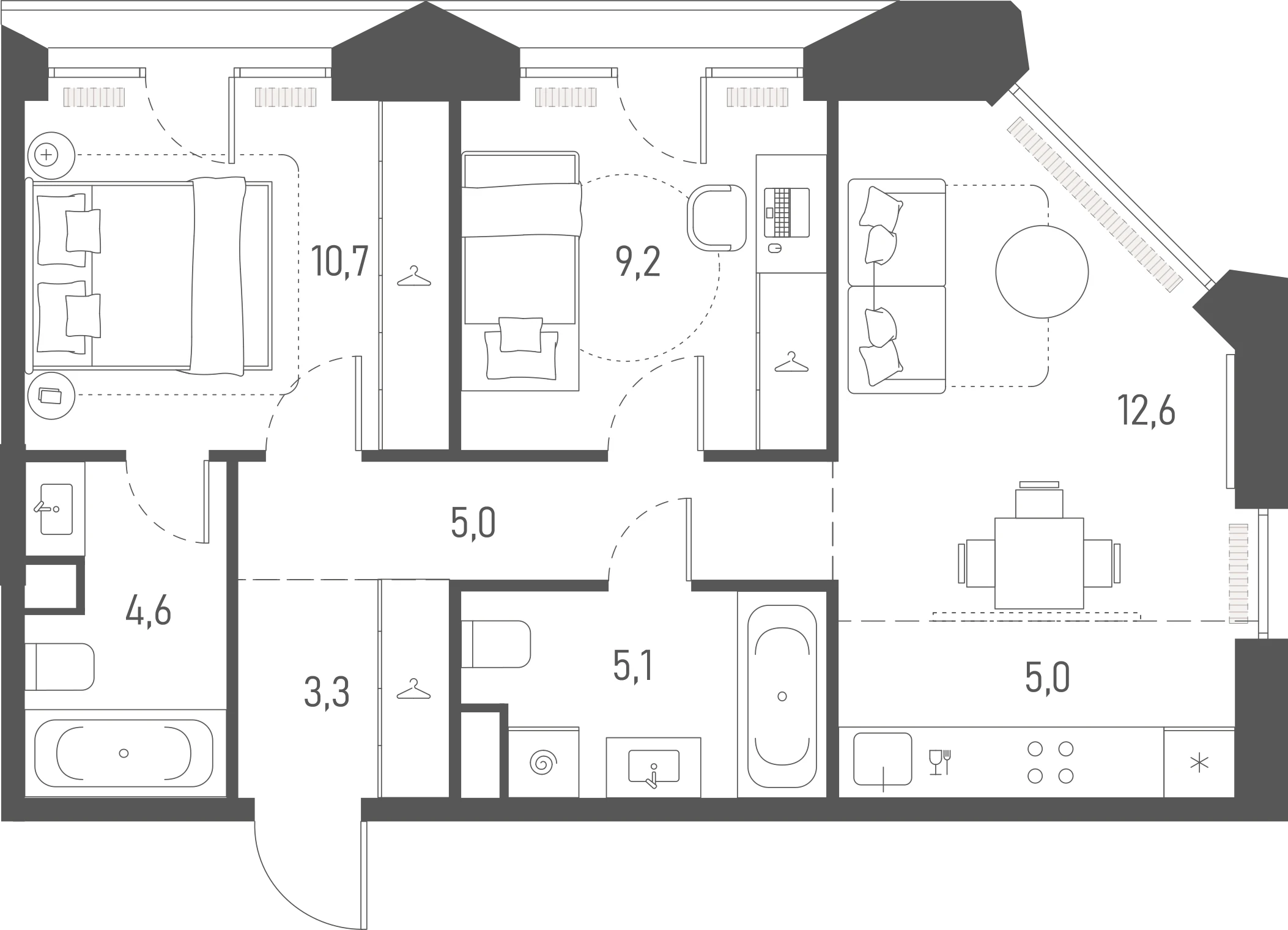 Планировка: 2-комнатная, 55,5 м²
