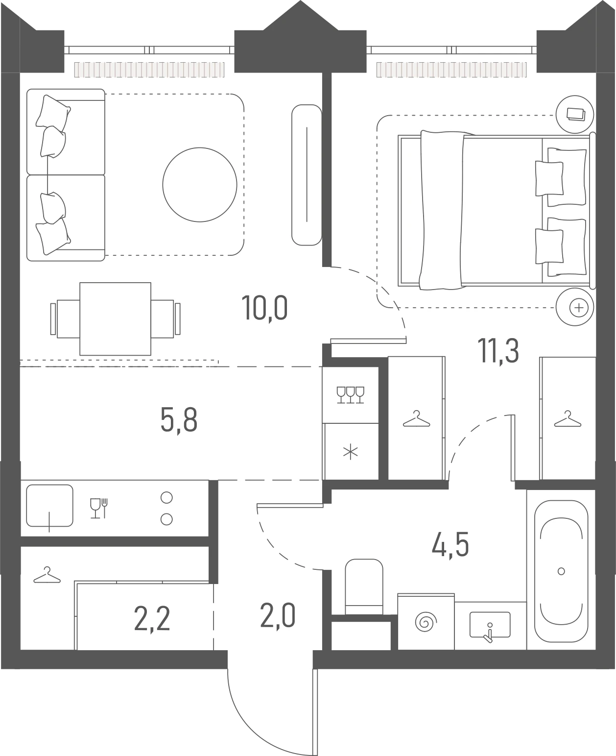 Планировка: 1-комнатная, 35,8 м²