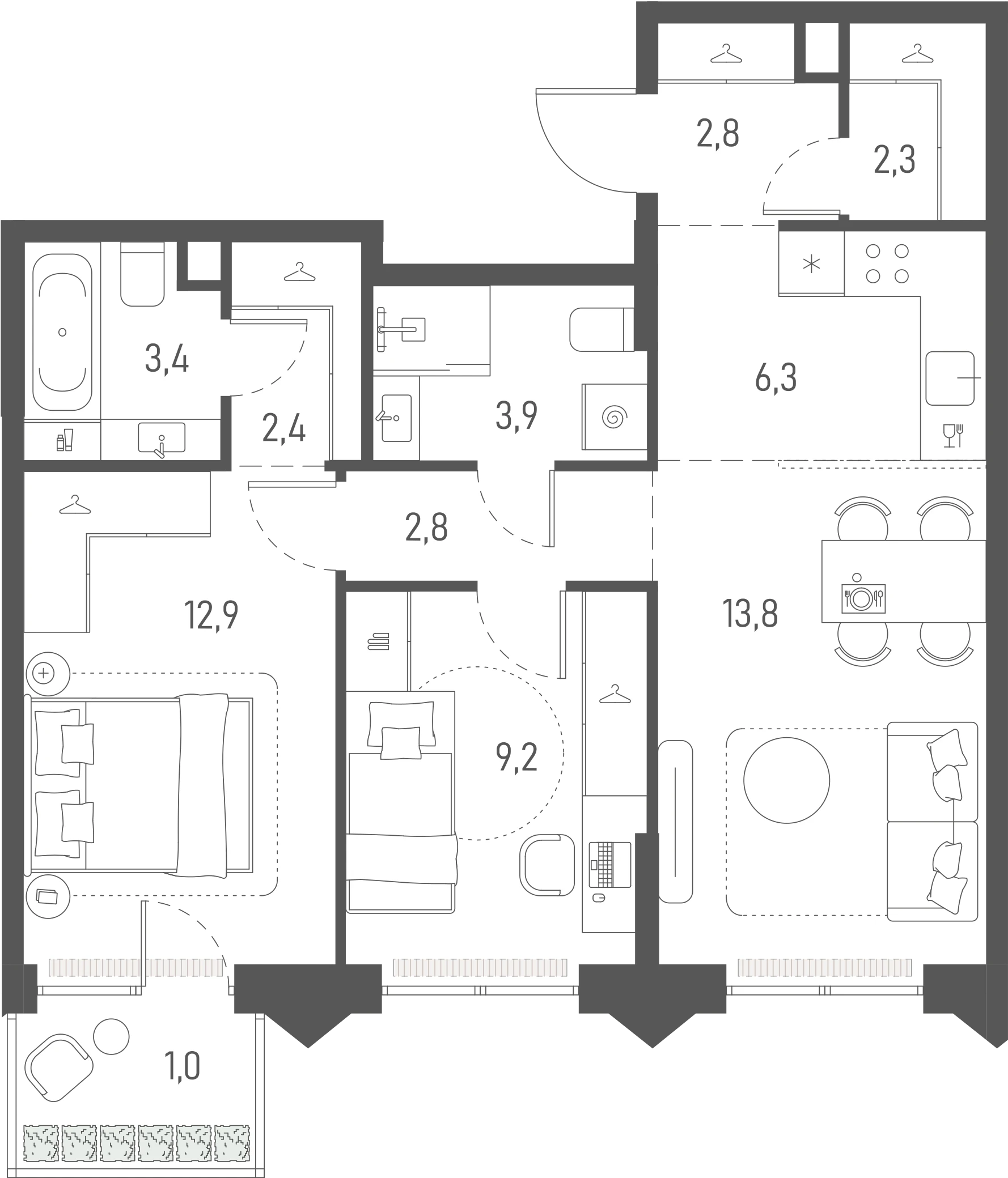 Планировка: 2-комнатная, 60,8 м²