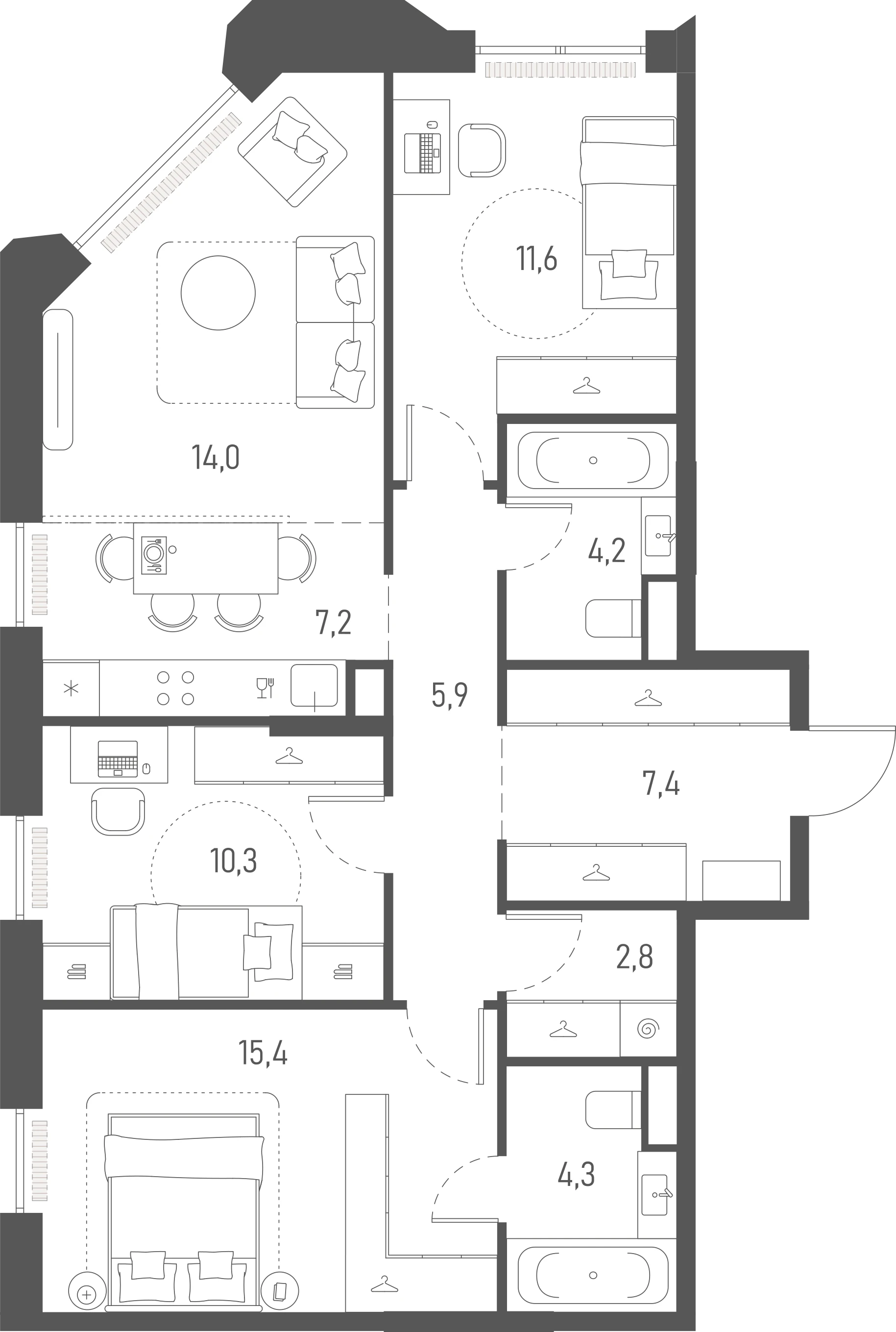 Планировка: 3-комнатная, 83,1 м²
