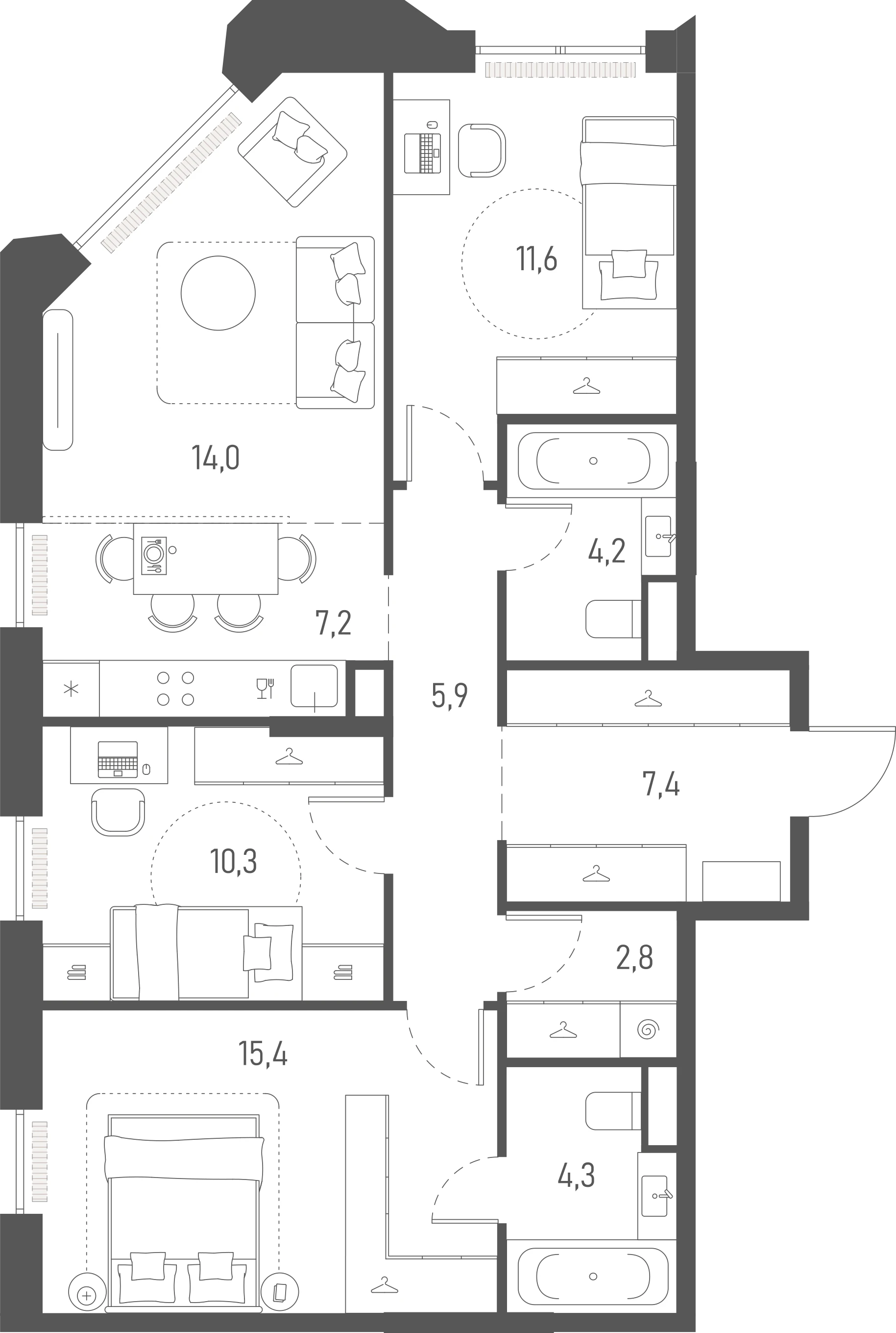 Планировка: 3-комнатная, 83,1 м²