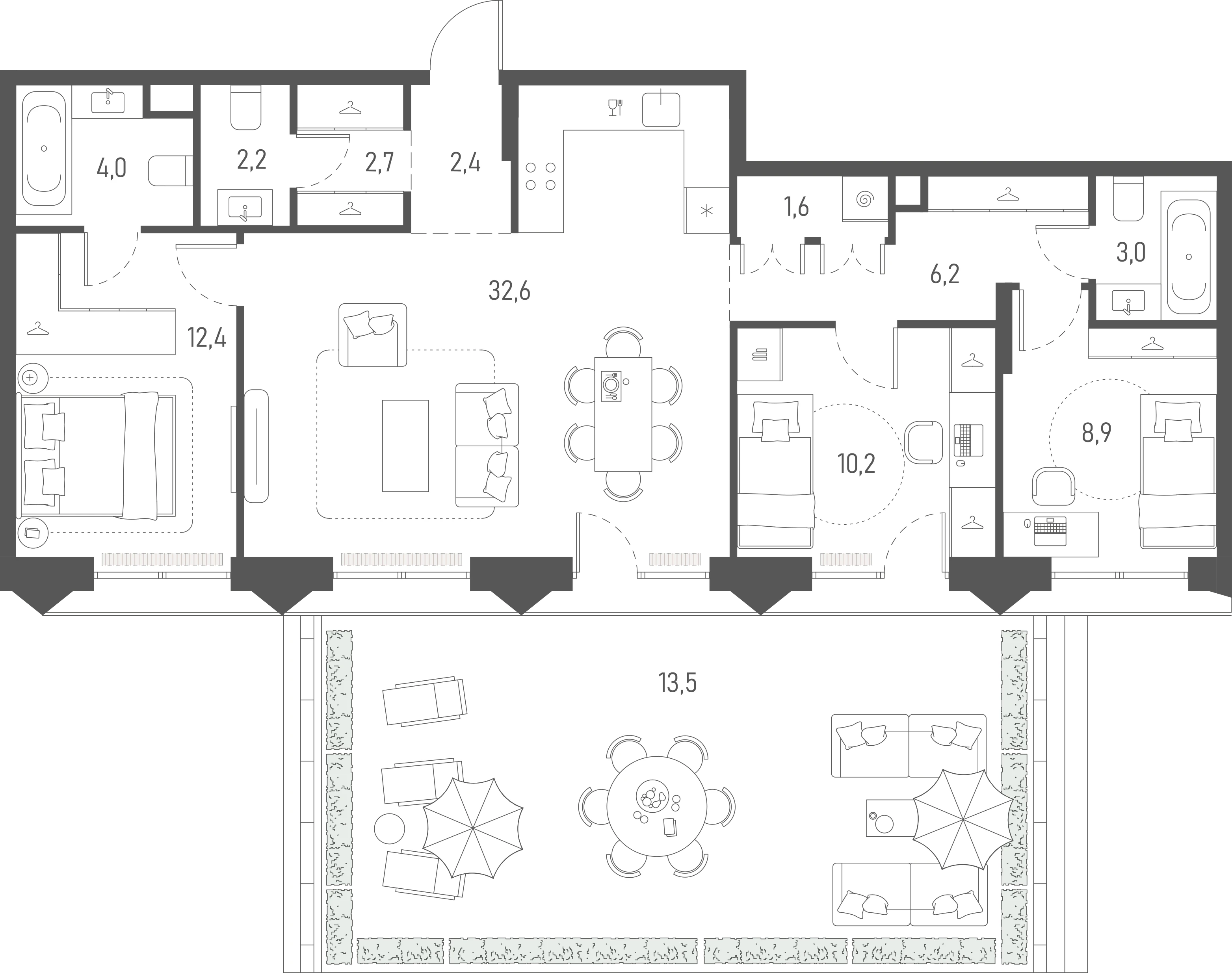 Планировка: 3-комнатная, 99,7 м²