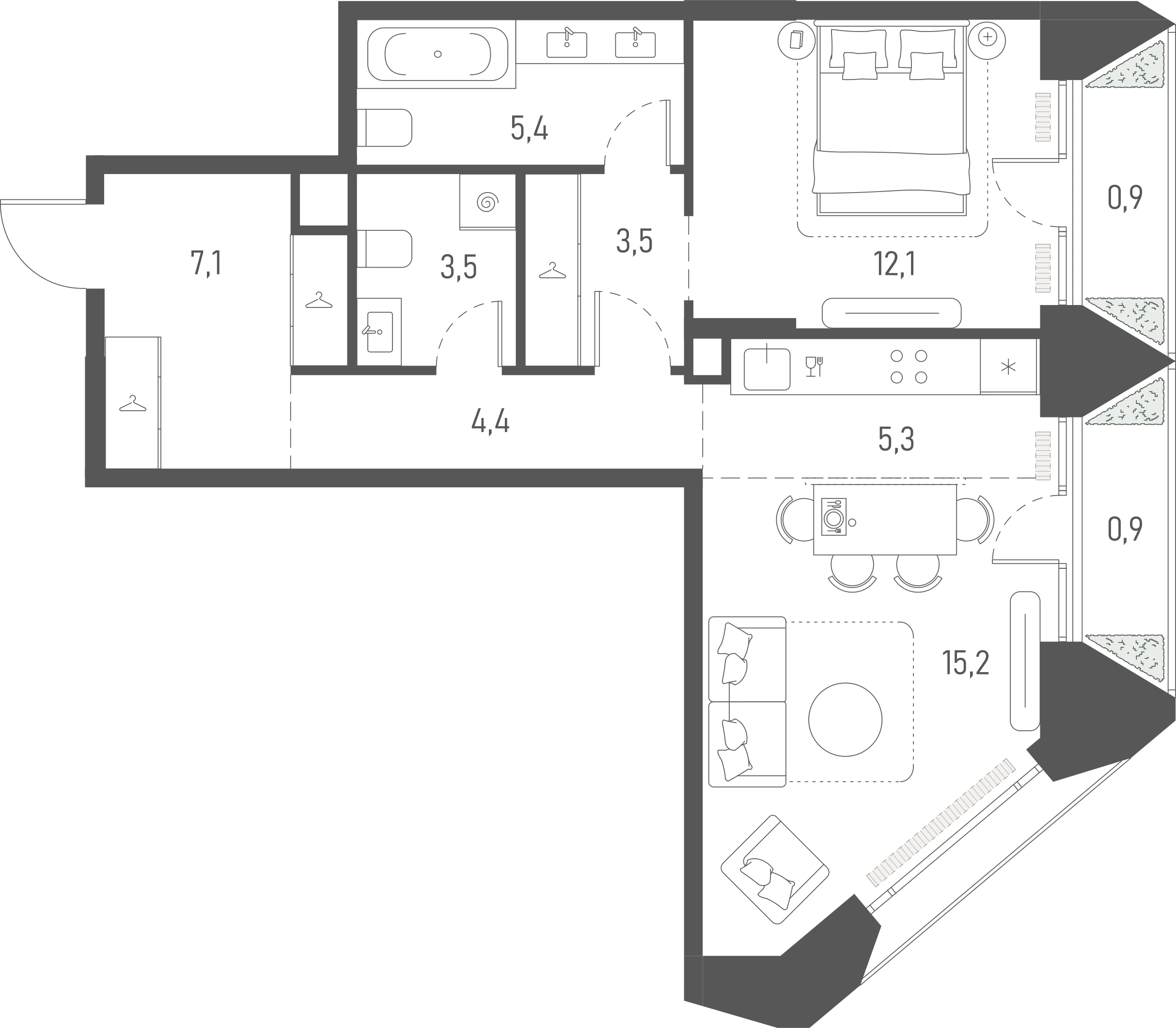 Планировка: 1-комнатная, 58,3 м²