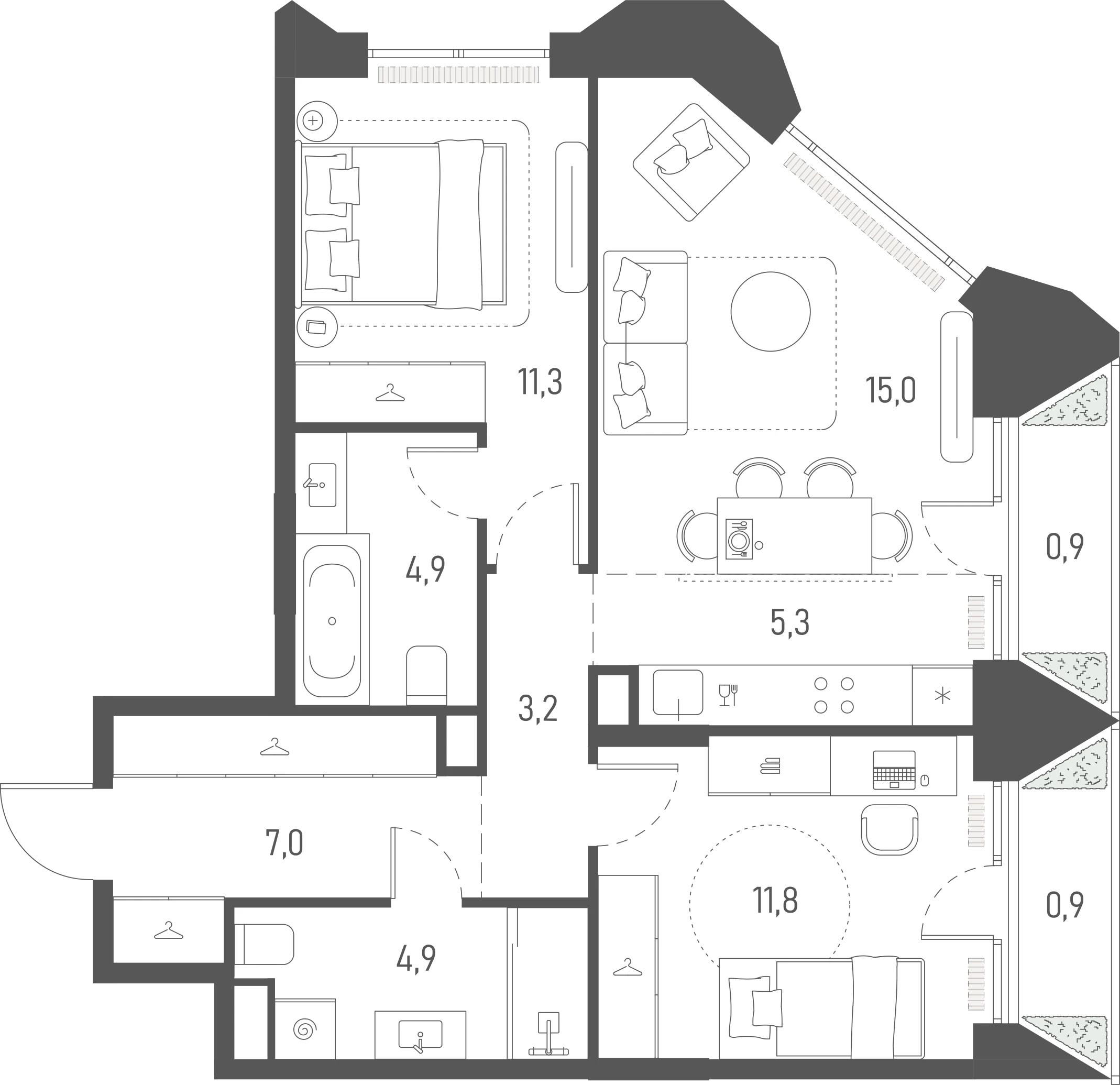 Планировка: 2-комнатная, 65,2 м²