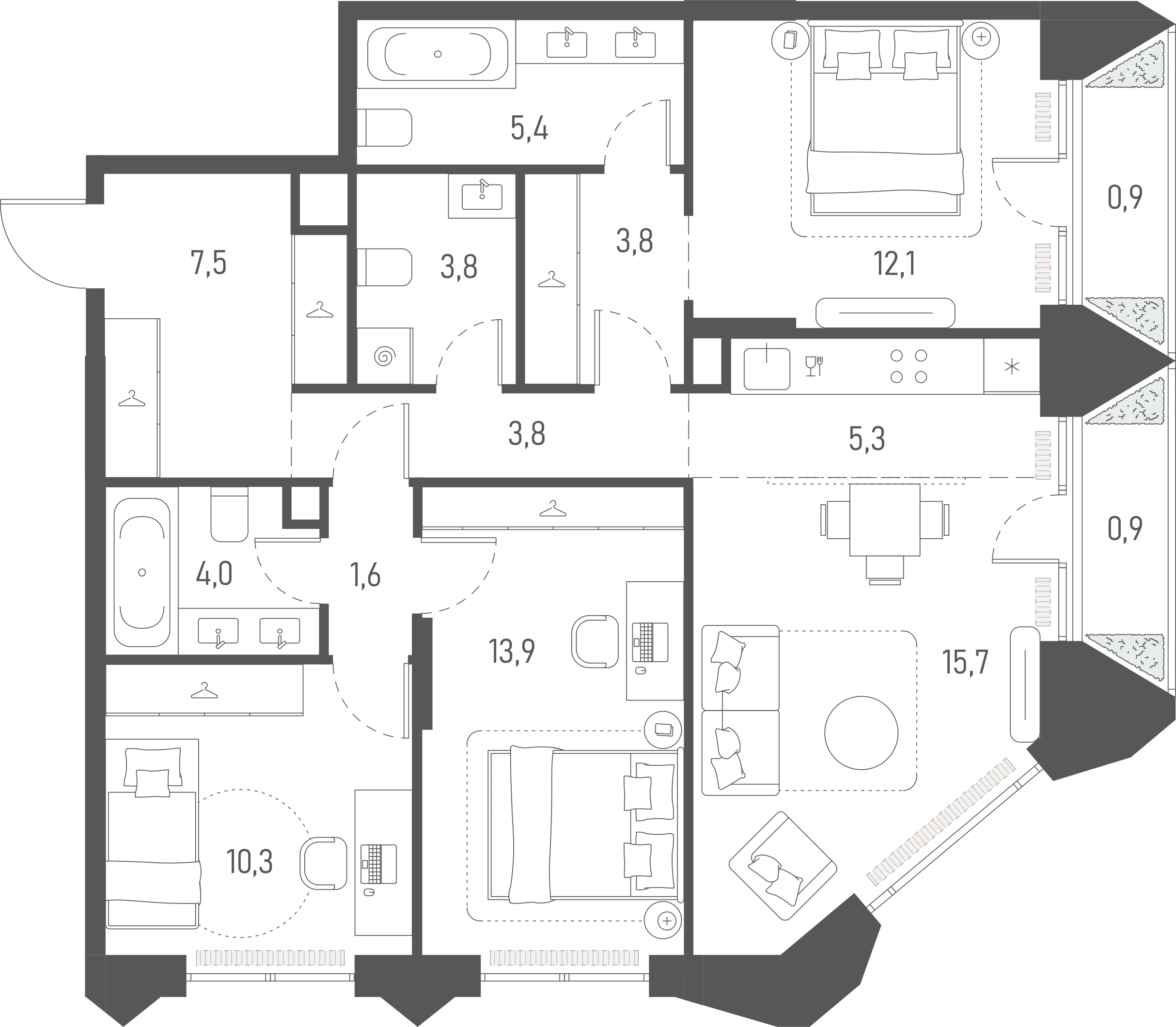 Планировка: 3-комнатная, 89 м²