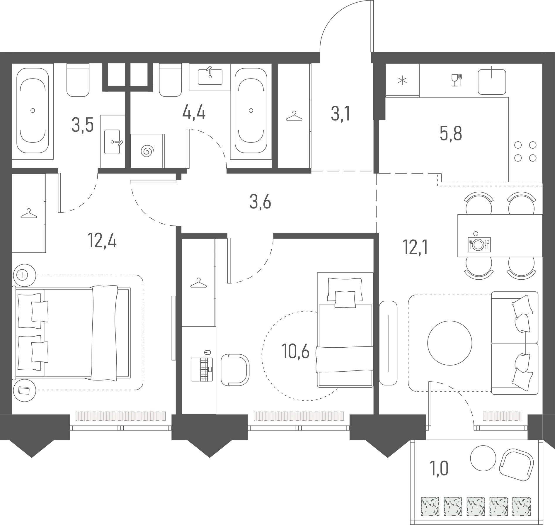 Планировка: 2-комнатная, 56,5 м²