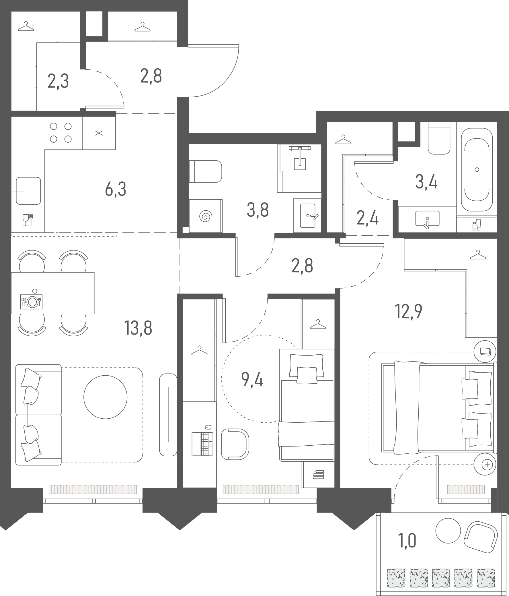 Планировка: 2-комнатная, 60,9 м²