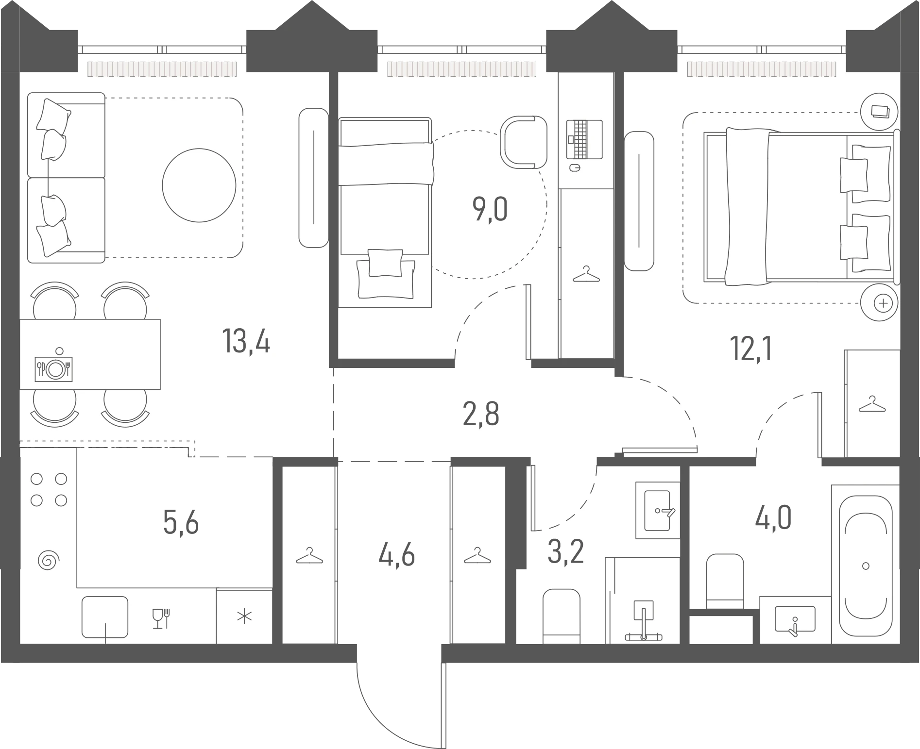 Планировка: 2-комнатная, 54,7 м²