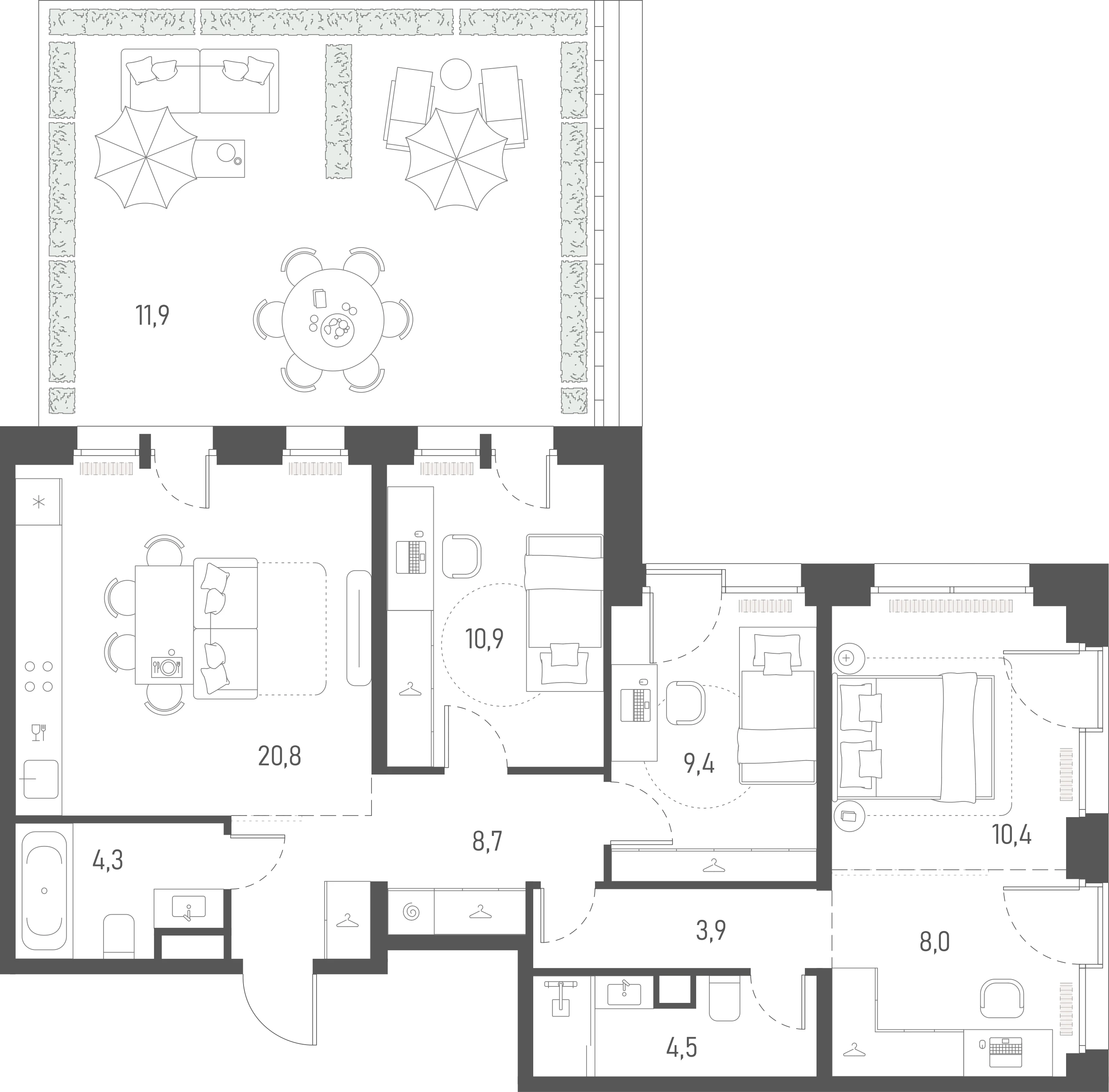 Планировка: 3-комнатная, 92,8 м²