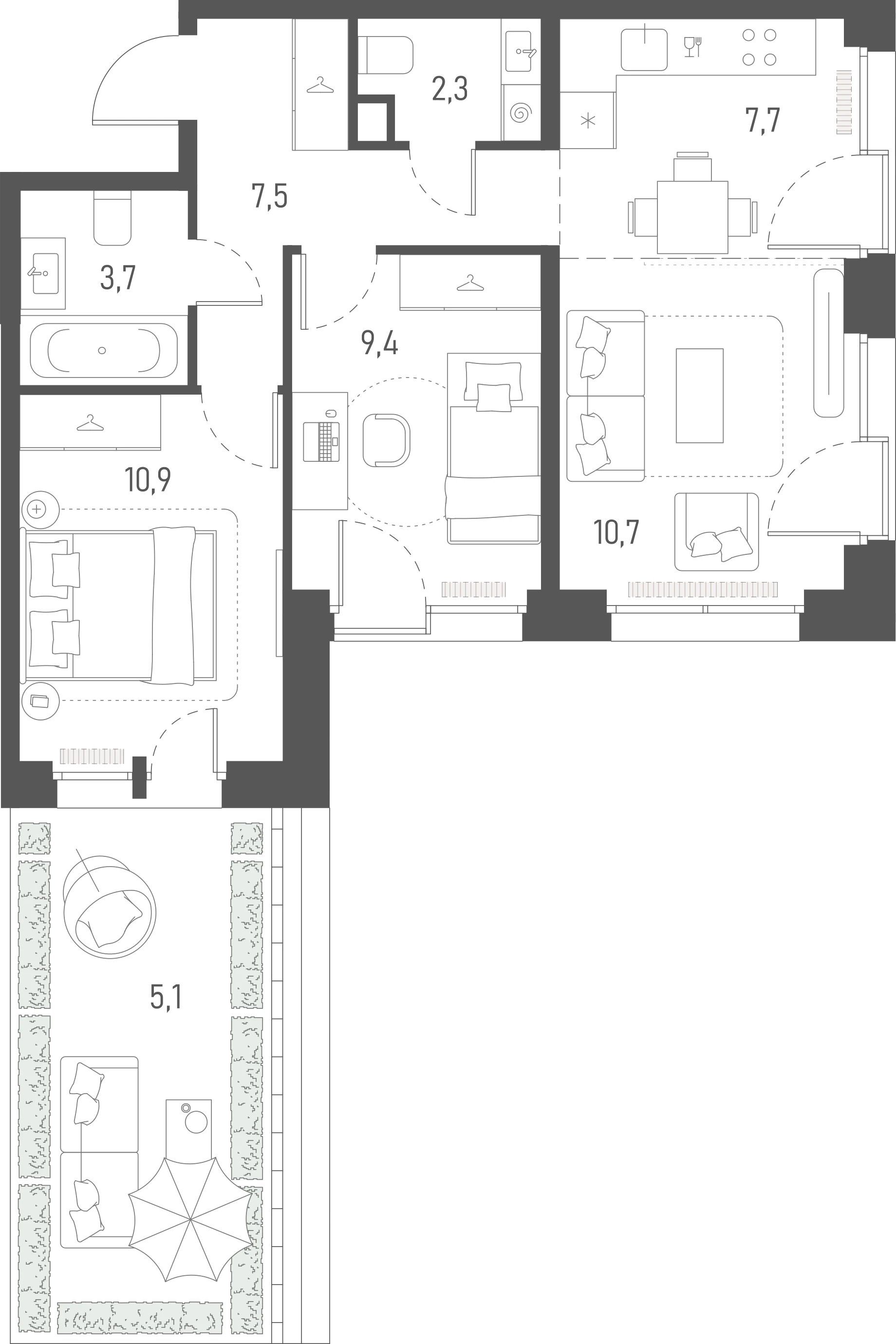 Планировка: 2-комнатная, 57,3 м²