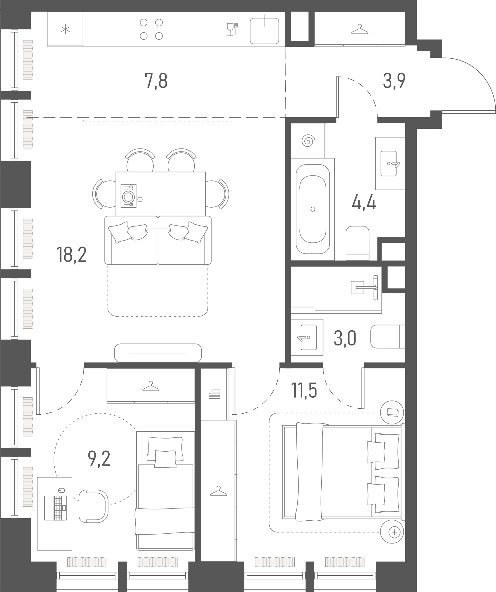 Планировка: 2-комнатная, 58 м²