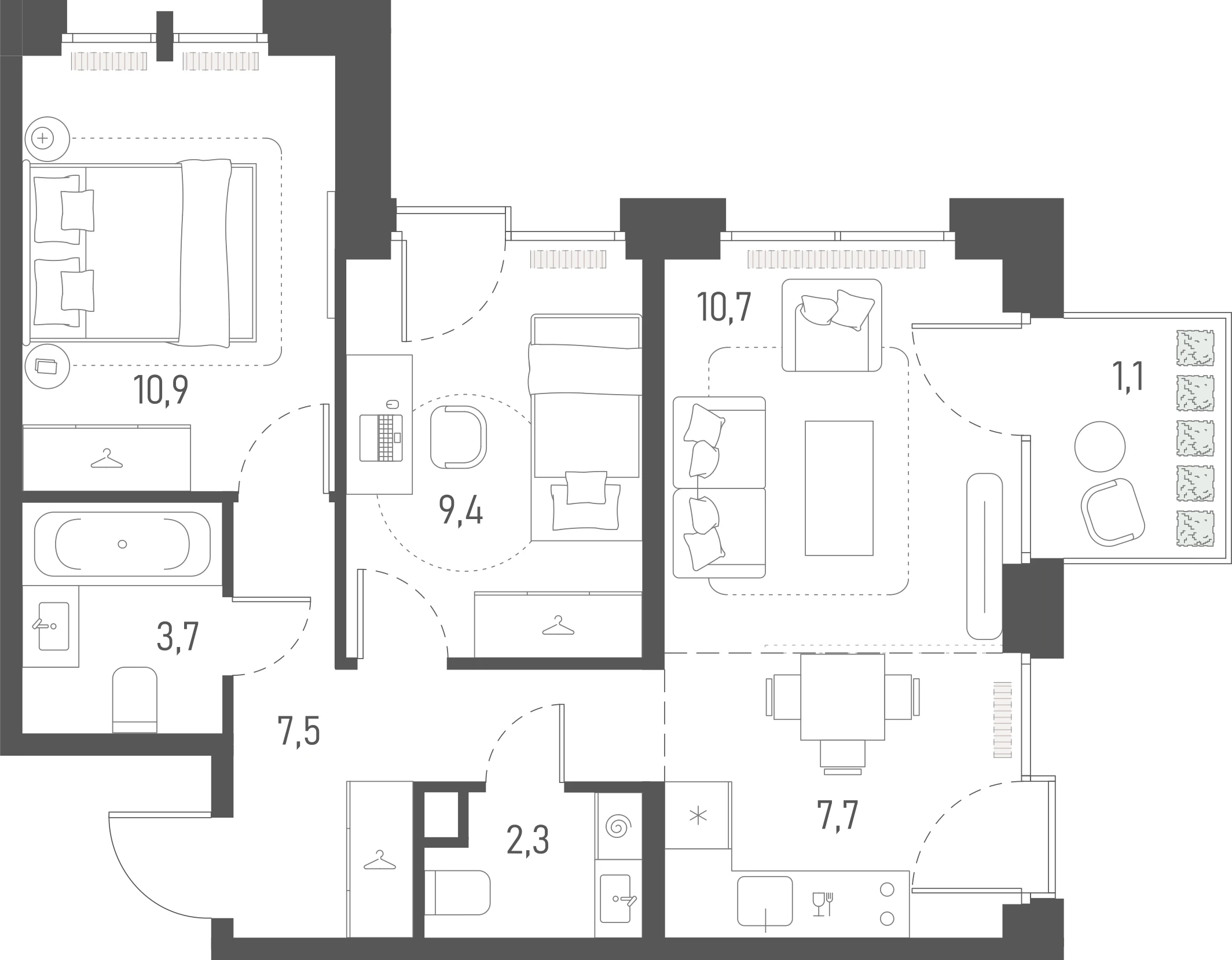 Планировка: 2-комнатная, 53,3 м²