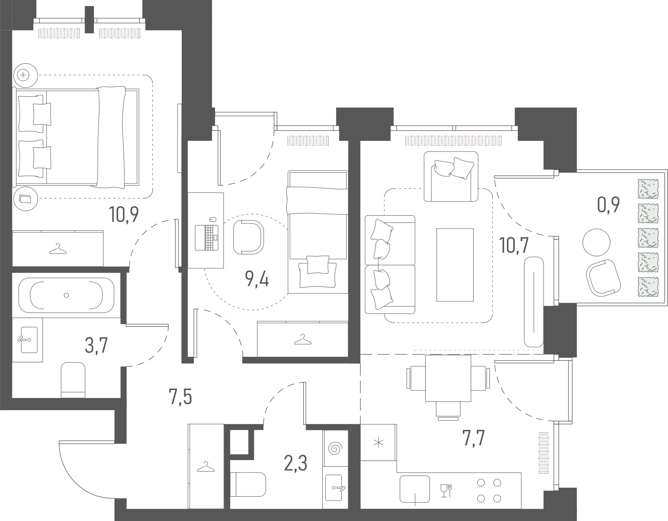 Планировка: 2-комнатная, 53,1 м²