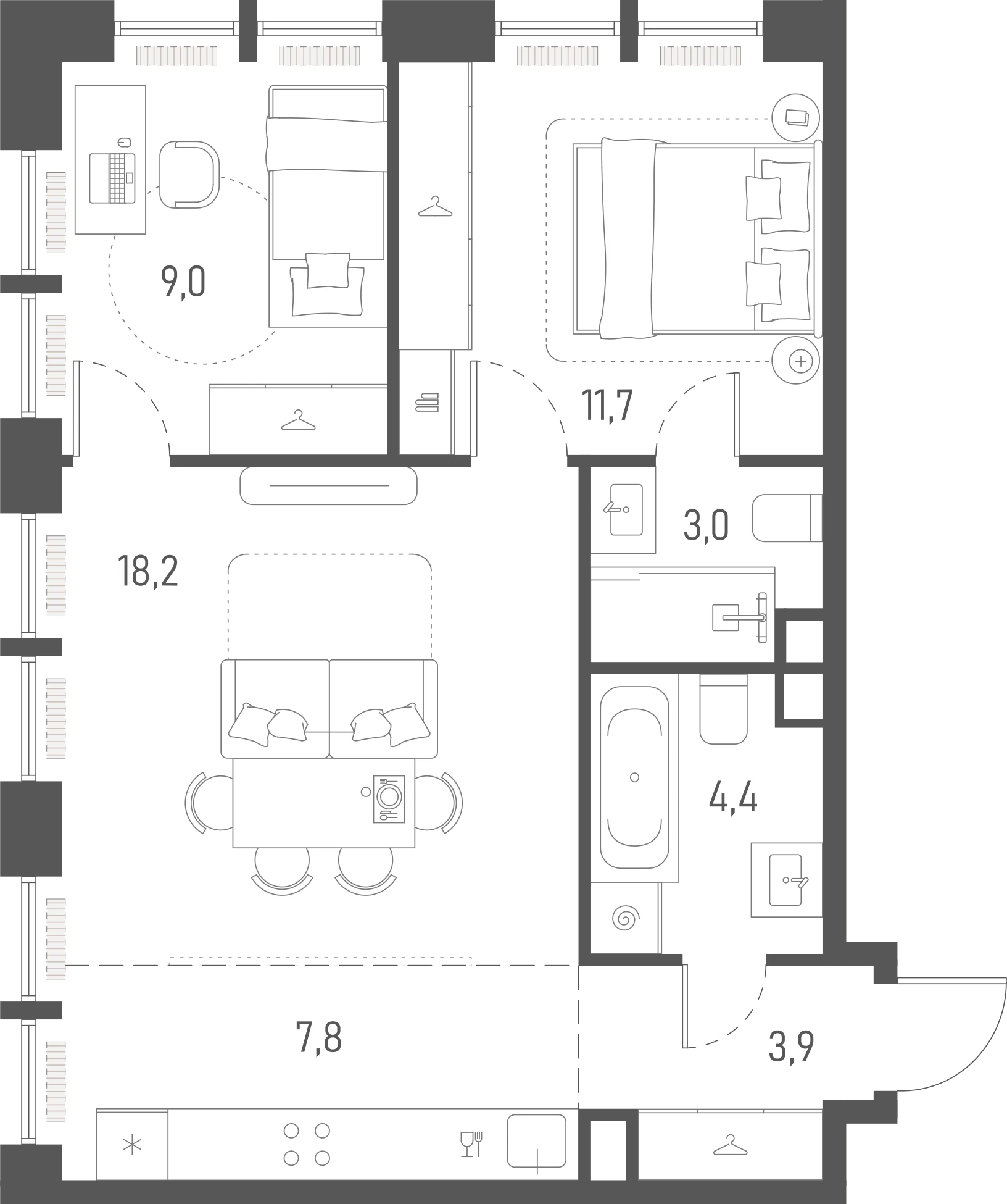 Планировка: 2-комнатная, 58 м²