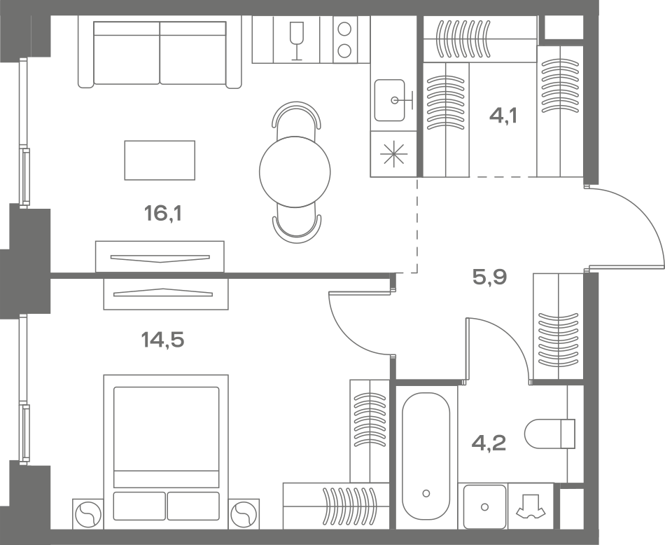 Планировка: 1-комнатная, 44,8 м²