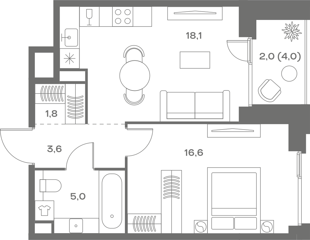 Планировка: 1-комнатная, 47,1 м²