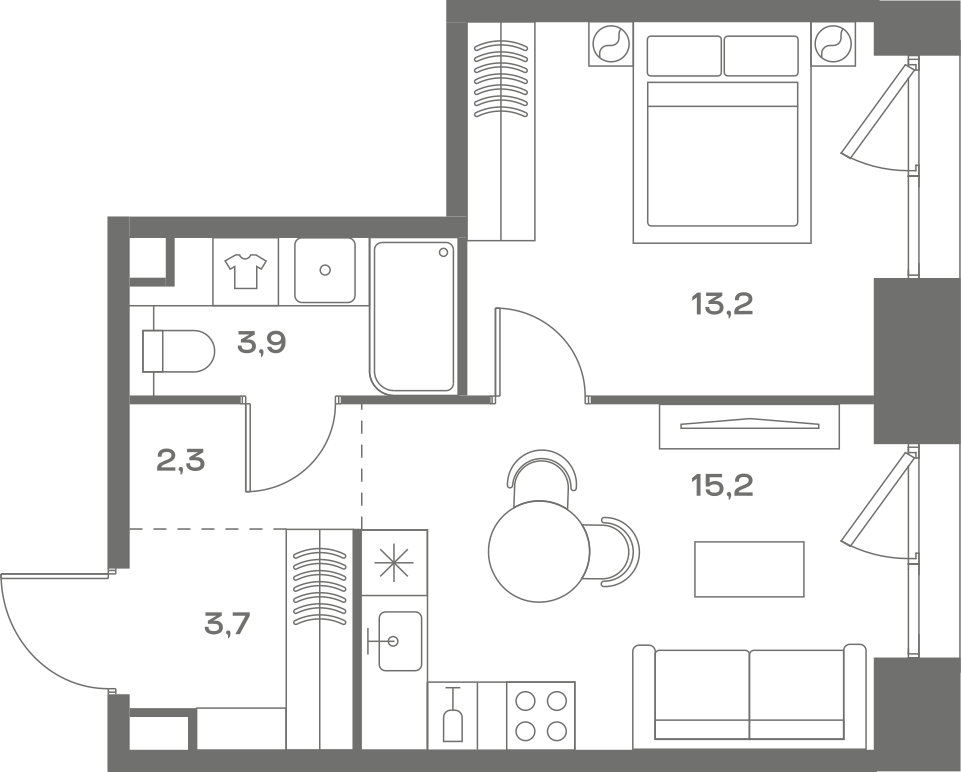 Планировка: 1-комнатная, 38,3 м²
