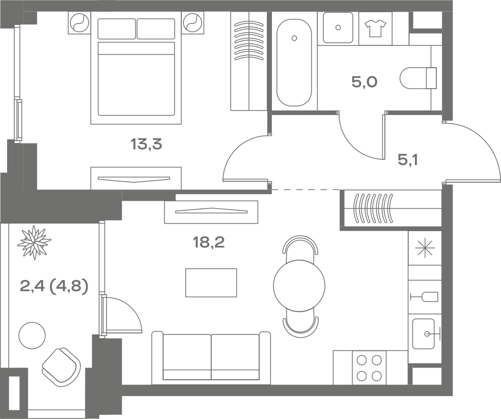 Планировка: 1-комнатная, 44 м²