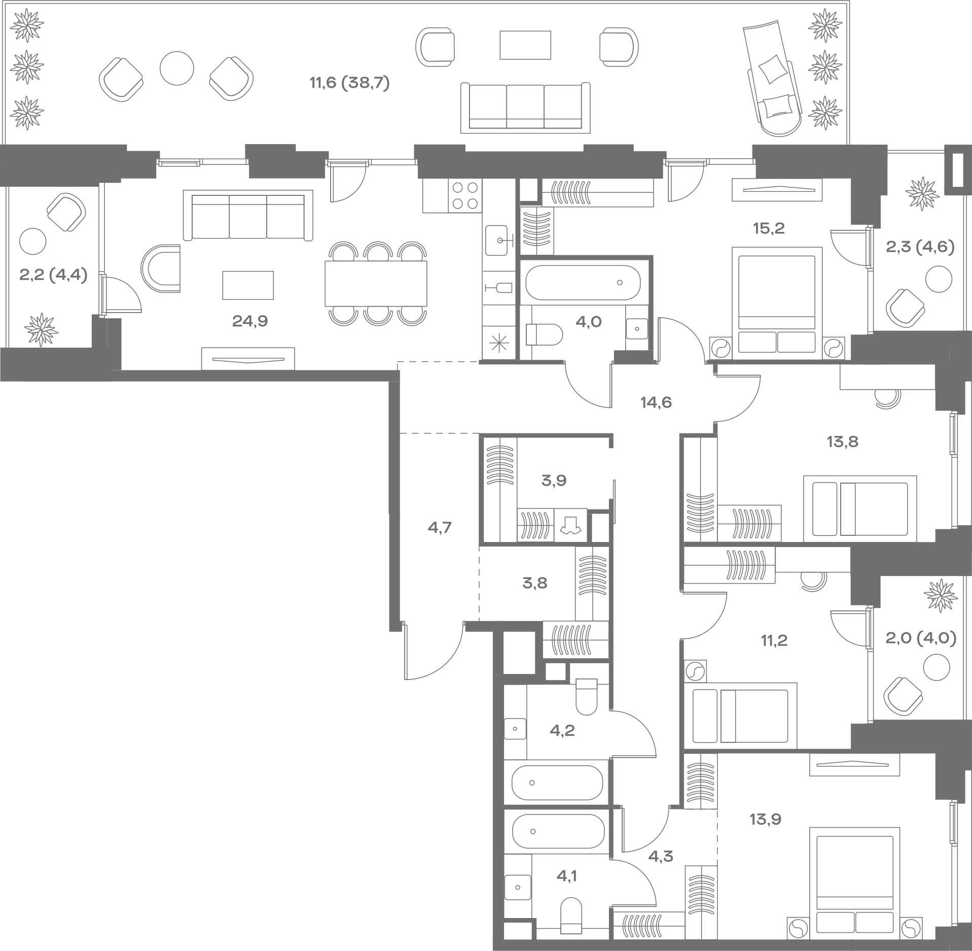 Планировка: 4-комнатная, 140,7 м²