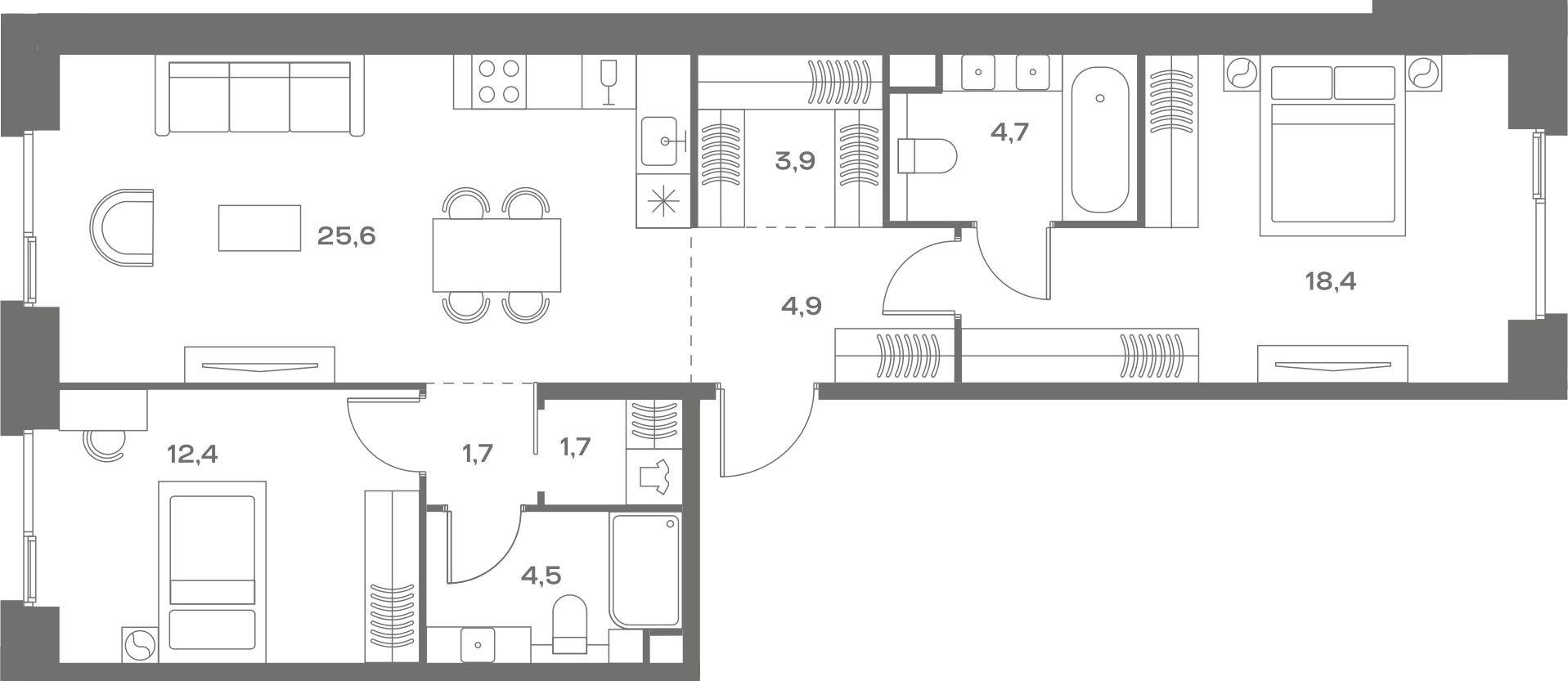 Планировка: 2-комнатная, 77,8 м²