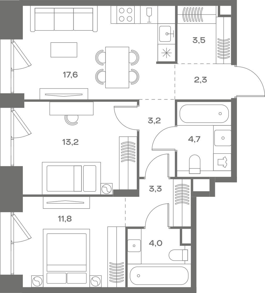 Планировка: 2-комнатная, 63,6 м²