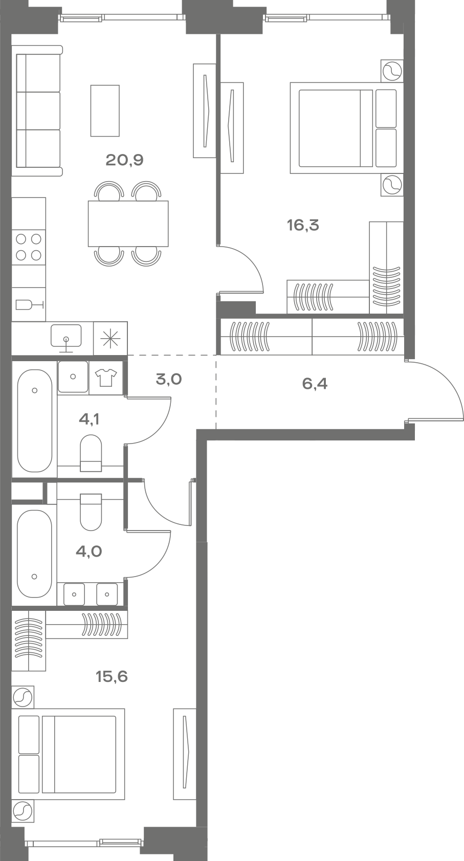 Планировка: 2-комнатная, 70,3 м²