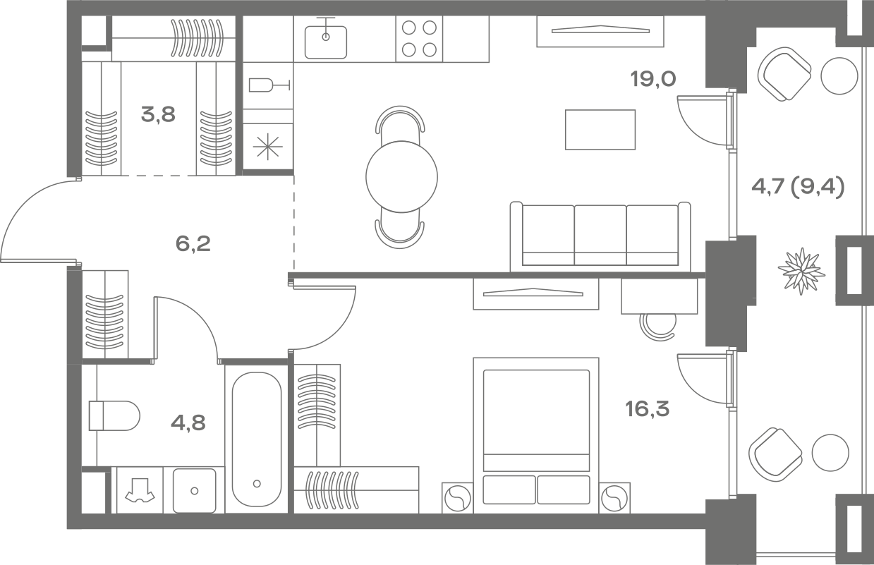 Планировка: 1-комнатная, 54,8 м²