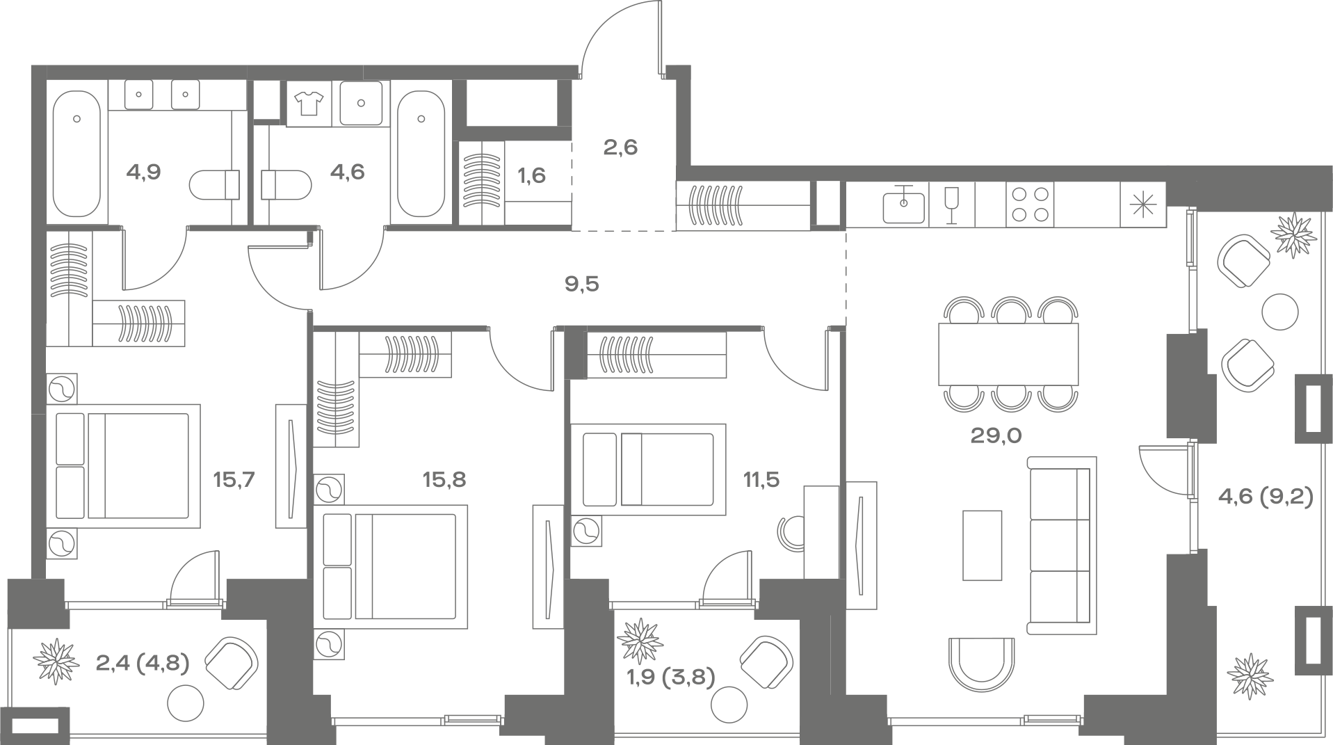 Планировка: 3-комнатная, 104,1 м²