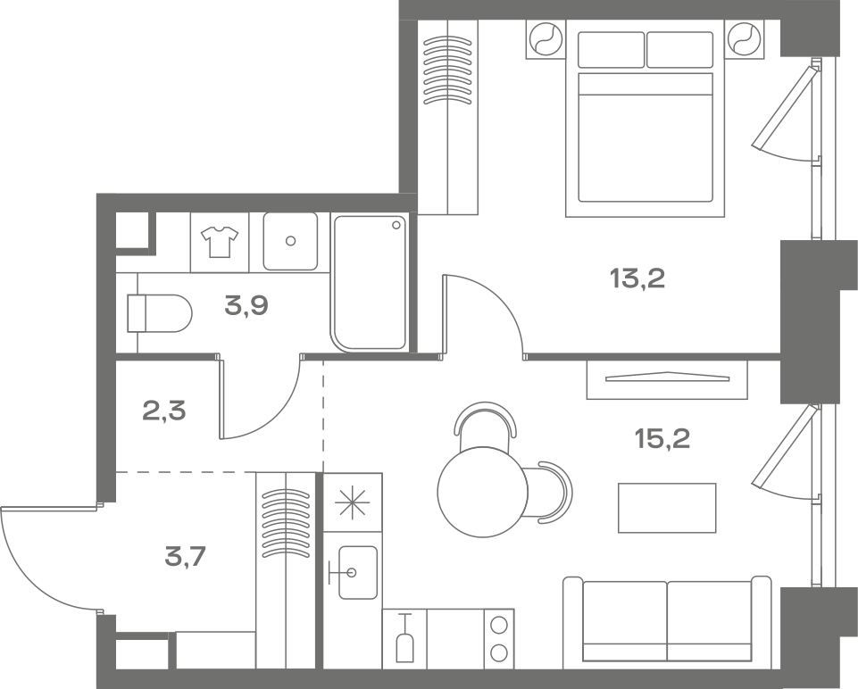 Планировка: 1-комнатная, 38,3 м²