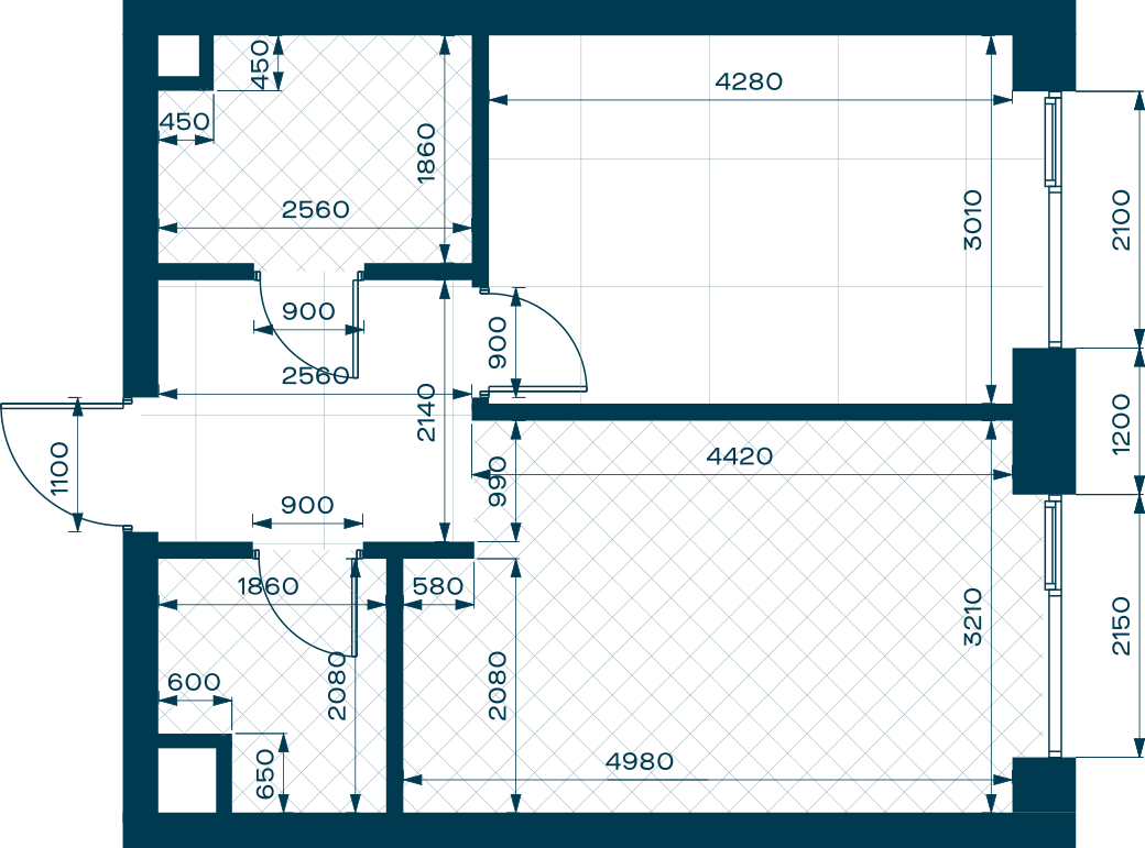 Планировка: 1-комнатная, 44,9 м²
