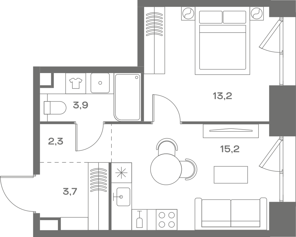 Планировка: 1-комнатная, 38,3 м²