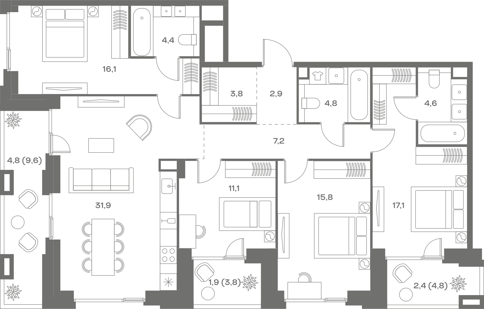 Планировка: 4-комнатная, 128,8 м²